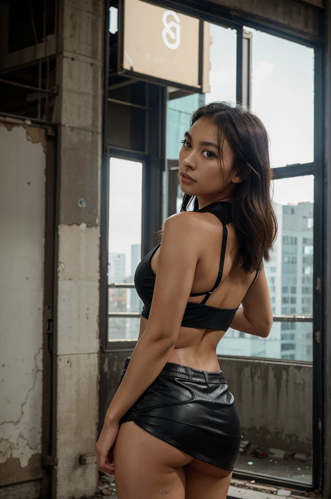 [((Sophie Tan:1.3)), a young and attractive Asian woman, posing inside an abandoned building in a Southeast Asian city. She is wearing ((a mini skirt that has blown up, revealing her buttocks, paired with a tight, sleeveless top:1.3)). Her hair is styled in loose waves, and she has a seductive, mysterious expression. The background features peeling paint, broken windows, and overgrown plants. The scene is captured with a ((high-resolution mirrorless camera:1.2)) using a ((50mm prime lens:1.2)) for a balanced perspective. Post-production enhances the contrast and sharpness to highlight her outfit and features, and a ((soft bokeh effect:1.1)) is added to the background. The image should be in ((8K resolution:1.1)) with ((hyper-realistic detail:1.3)). The backdrop emphasizes the eerie yet intriguing atmosphere of the abandoned building. The focus is on Sophie’s blown-up mini skirt exposing her buttocks, capturing a seductive and mysterious vibe. Natural lighting is used with slight enhancements to create an atmospheric effect, with a ((soft bokeh effect:1.1)) in the background, enhanced vibrancy, and high contrast to make the scene pop. Sophie is standing with one hand resting on a wall, looking directly at the camera with a seductive and mysterious expression, exuding confidence and allure, embodying street chic.]