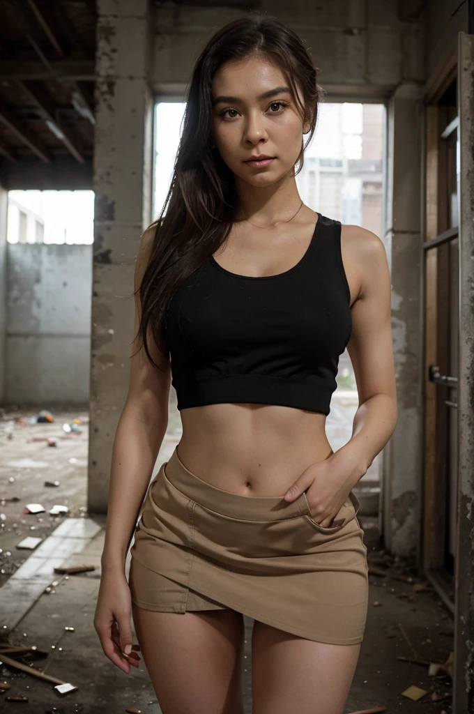 [((Sophie Tan:1.3)), a young and attractive Asian woman, posing inside an abandoned building in a Southeast Asian city. She is wearing ((a mini skirt that has blown up, revealing her buttocks, paired with a tight, sleeveless top:1.3)). Her hair is styled in loose waves, and she has a seductive, mysterious expression. The background features peeling paint, broken windows, and overgrown plants. The scene is captured with a ((high-resolution mirrorless camera:1.2)) using a ((50mm prime lens:1.2)) for a balanced perspective. Post-production enhances the contrast and sharpness to highlight her outfit and features, and a ((soft bokeh effect:1.1)) is added to the background. The image should be in ((8K resolution:1.1)) with ((hyper-realistic detail:1.3)). The backdrop emphasizes the eerie yet intriguing atmosphere of the abandoned building. The focus is on Sophie’s blown-up mini skirt exposing her buttocks, capturing a seductive and mysterious vibe. Natural lighting is used with slight enhancements to create an atmospheric effect, with a ((soft bokeh effect:1.1)) in the background, enhanced vibrancy, and high contrast to make the scene pop. Sophie is standing with one hand resting on a wall, looking directly at the camera with a seductive and mysterious expression, exuding confidence and allure, embodying street chic.]