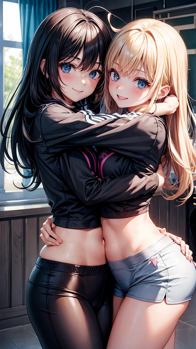 2girl,beautiful girl,Unique, Anime Girl, Wearing Hot Tight sportswear,shorts pants,Smile,Hug together,clear eyes,school background