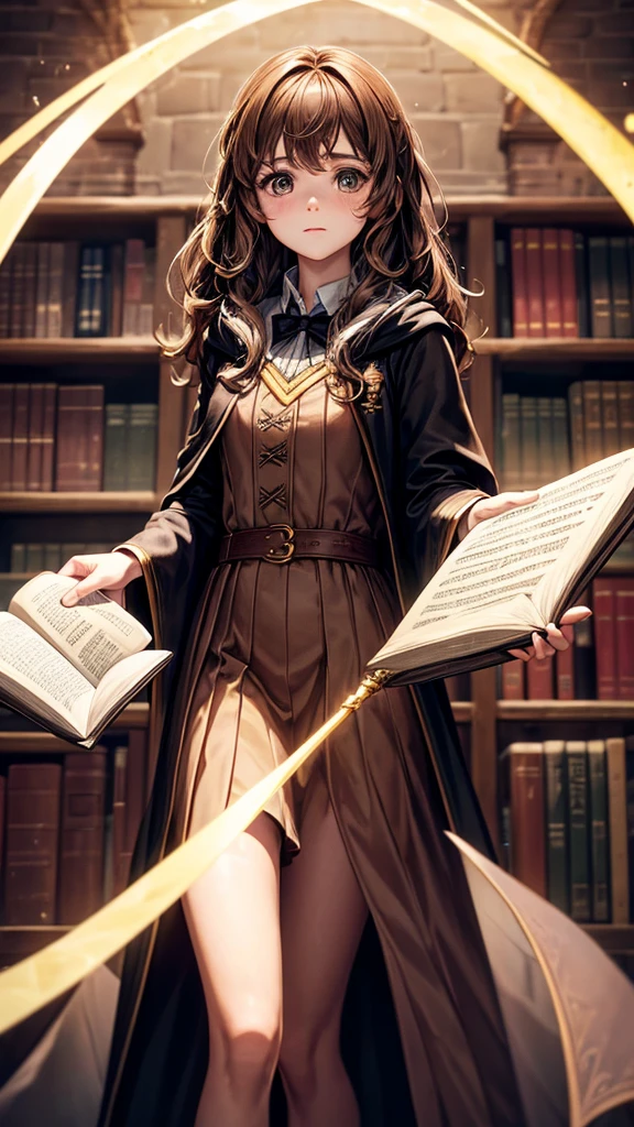 Create an image of Hermione Granger from the Harry Potter series.

Description:

A young girl with bushy brown hair.
Wearing a  with a black robe.
Holding a book or a wand.
Background: A magical setting, such as a castle or library.