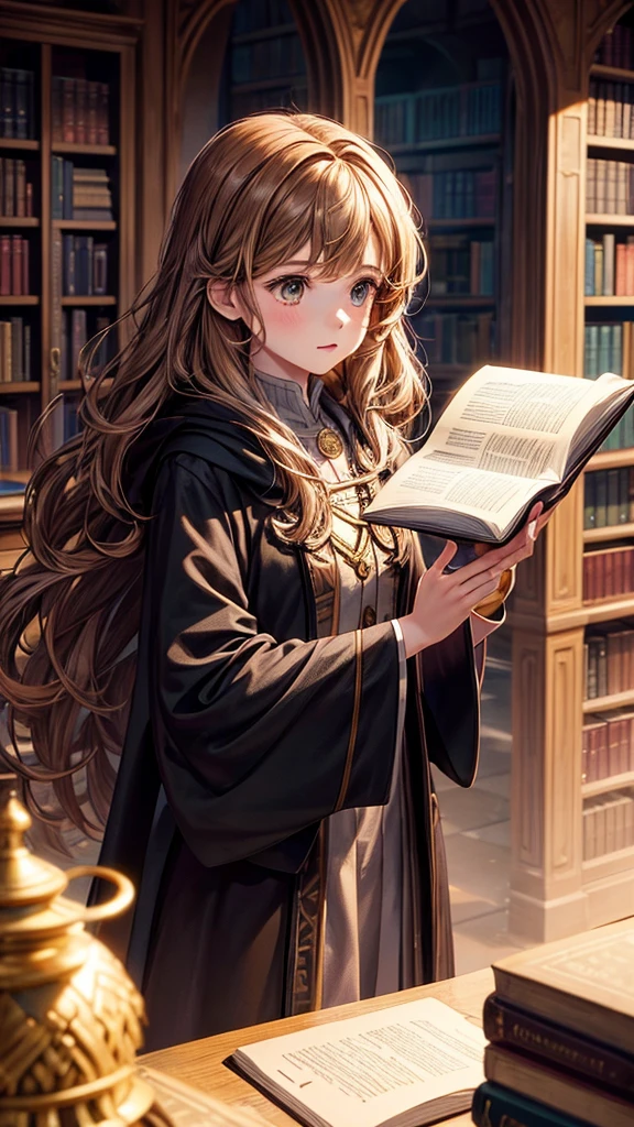 Create an image of Hermione Granger from the Harry Potter series.
Description:
A young girl with bushy brown hair.
Wearing a with a black robe.
Holding a book or a wand.
Background: A magical setting, such as a castle or library.