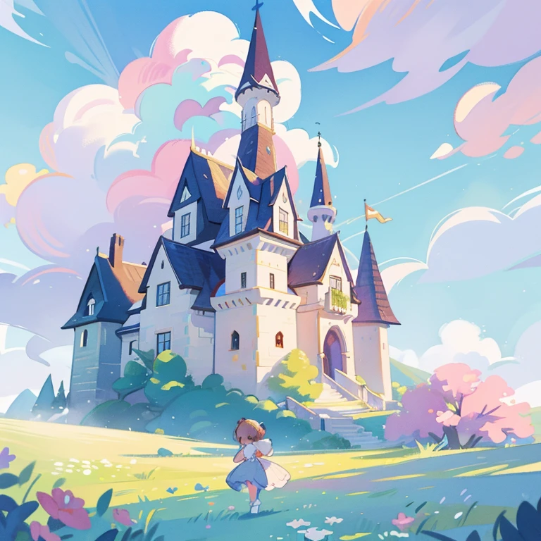 picture book illustration, watercolor storybook illustration, princess castle, fairy tale castle, fairy tale tower, cloud, Vibrant pastel colors, dream, fancy, weird, magical, masterpiece, best quality, sharp focus, Complex and detailed environment, fine details, 8K resolution, background removal
