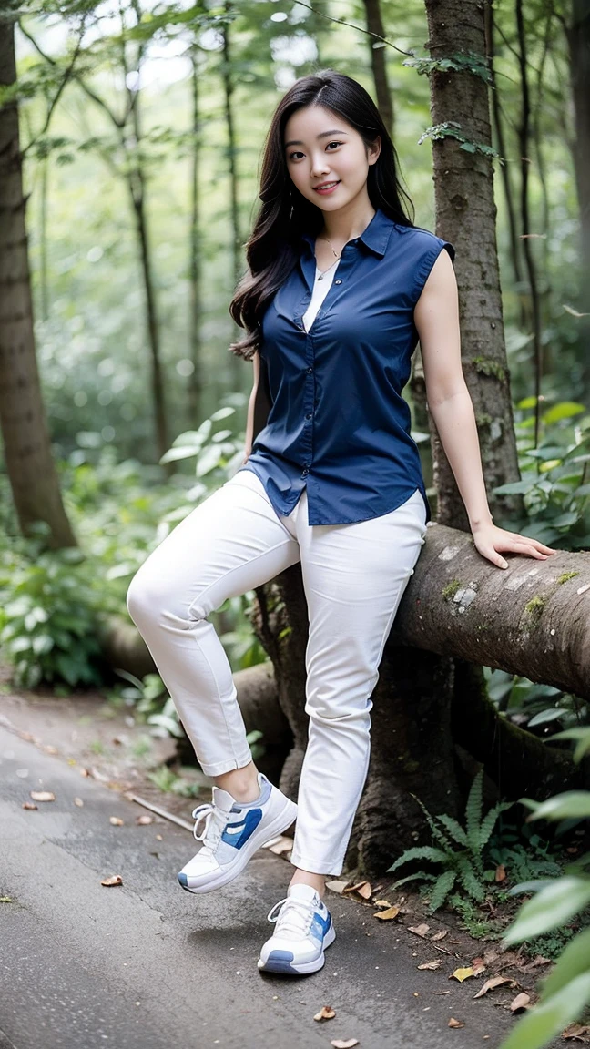 masterpiece, best quality, Surreal, Ultra Detailed, 8k resolution, RAW photos, Clear focus, (A girl in the forest), ((navy blue shirt:1.1)), sleeveless, Long flesh-colored sweatpants,Full body posture, Solitary, Perfect body, Become a, 32 inches in the chest,(a charming smile:1), (sexy pose)，26 years old, light,White shoes