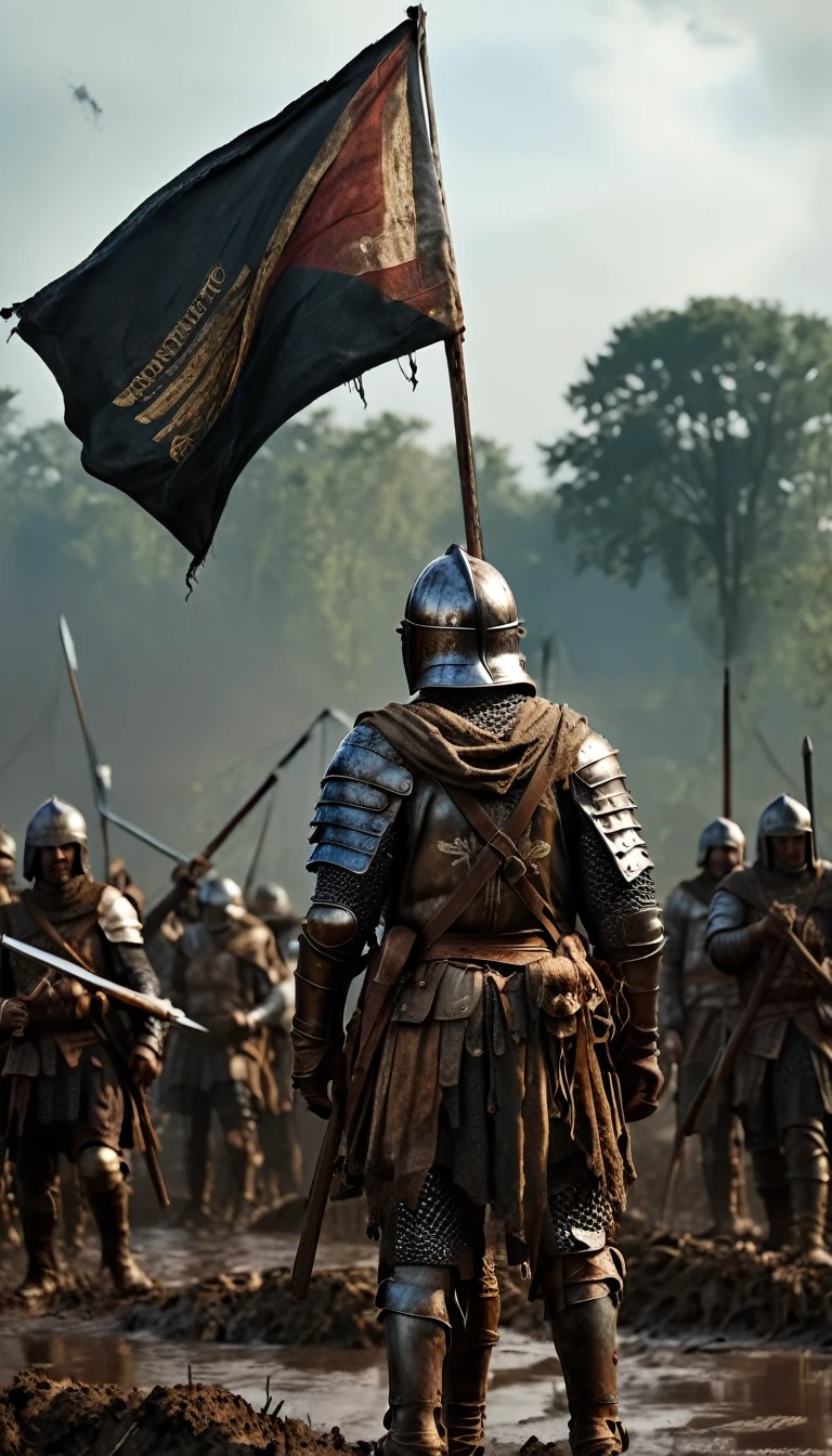 Knights and soldiers in medieval armor raising a white flag on a muddy battlefield, background dark, hyper realistic, ultra detailed hyper realistic, photorealistic, Studio Lighting, reflections, dynamic pose, Cinematic, Color Grading, Photography, Shot on 50mm lens, Ultra-Wide Angle, Depth of Field, hyper-detailed, beautifully color, 8k, golden light from the front,