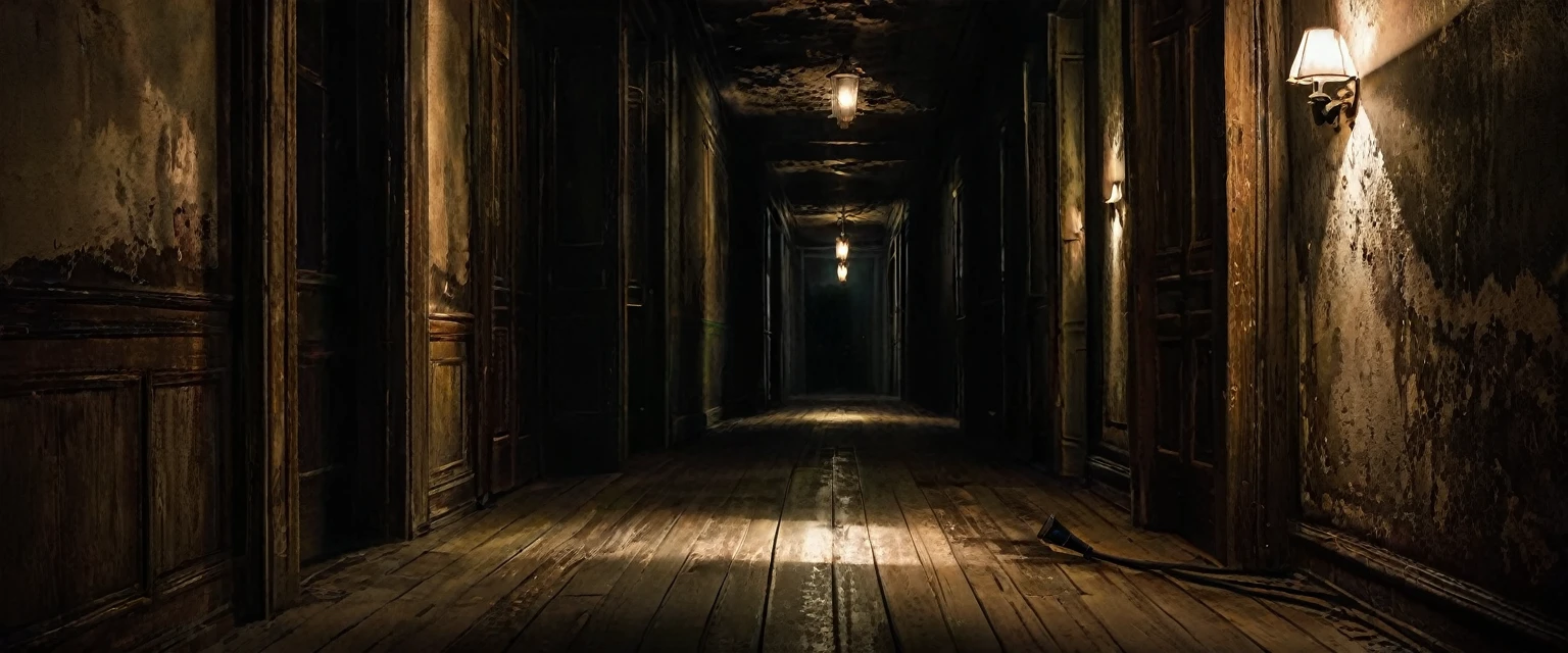 Create a dark, narrow corridor inside an old, abandoned building at night. The corridor should have cracked walls and a dirty, creaky wooden floor. Several closed doors should line the corridor, each looking slightly ajar or locked. The space should be illuminated by the flickering light of a wooden torch held by an unseen figure, casting long, unsettling shadows along the walls and floor. The atmosphere should be eerie and tense, with a sense of foreboding and hidden secrets behind the doors, all accentuated by the unsteady torchlight.