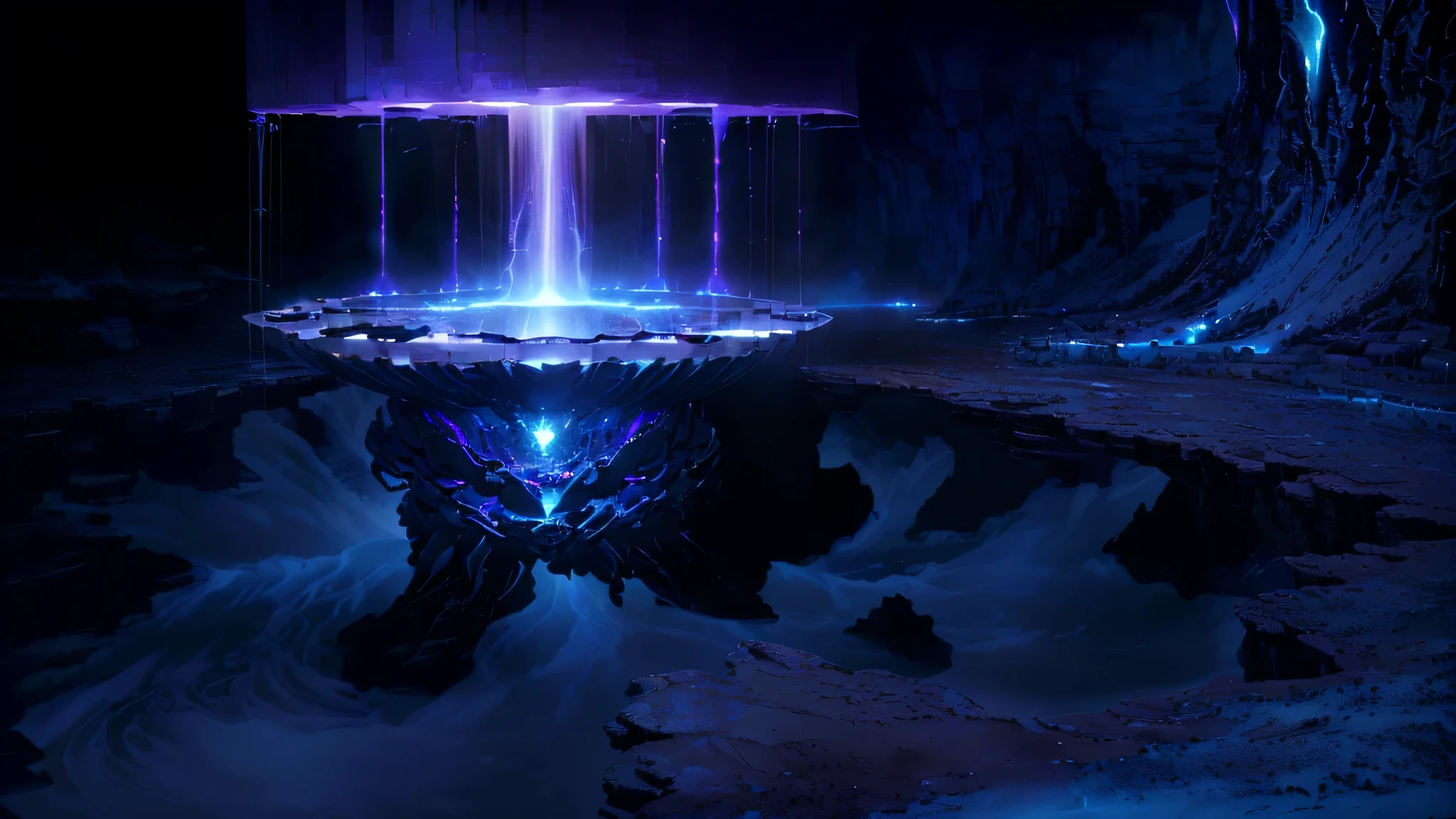 masterpiece, best quality, (extremely detailed CG unity 8k wallpaper), (best quality), (best illustration), (best shadow), absurdres, realistic lighting, (Abyss), beautiful detailed glow, art by PeterMohrBacher, there is a fountain with water coming out of it in the dark, spirits coming out of portal, majestic interstellar portal, colossale interstellar portal, depicted as a scifi scene, waterfall in asteroid field, matte painting of steam machines, studying a hell open rift portal, ice city in 2 0 8 0, portal into anotheer dimension, infinite quantum portal