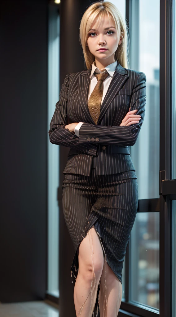 (masutepiece,High quality,16k:1.1),(depth of fields:1.3) ,((front body:1.35)), Ukrainian ,Woman, blonde,makeup,((business suit, black vertical striped pencil skirt )), ,(arms crossed:1.5) (wetting herself:1.5), (desperation:1.75),standing ,necktie peeing self, wetting her clothes normal legs