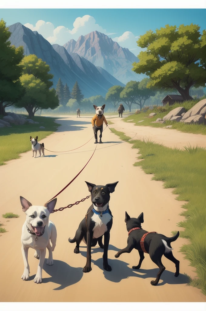 cartoon drawing of two dogs on a leash in a park, animated disney movie inking, published concept art, stylized linework, whole page illustration, by Istvan Banyai, concept art for a video game, by Maksimilijan Vanka, colorkey scene, cartoon concept art