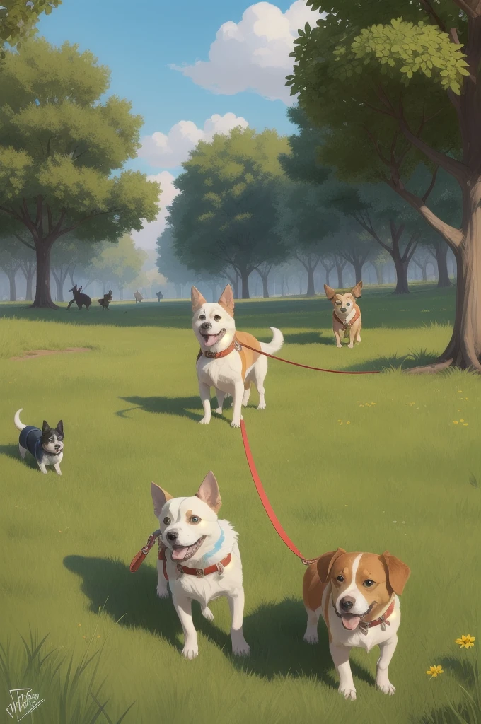 cartoon drawing of two dogs on a leash in a park, animated disney movie inking, published concept art, stylized linework, whole page illustration, by Istvan Banyai, concept art for a video game, by Maksimilijan Vanka, colorkey scene, cartoon concept art