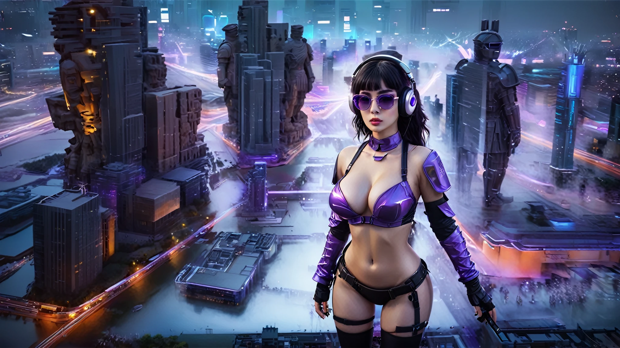 masterpiece, best quality, high resolution, 8k, (Portrait Photos:1.5), (R Original Photo), real picture, Digital Photography, (A fusion of cyberpunk and fantasy), 20 year old girl, solo, (((black sunglasses, headphone))), Feel free to hairstyle, Purple Eyes, By Bangs, (large breasts, cleavage, Accessories, Elegant and charming, Combination of cyberpunk and fantasy style clothing, Hollow carving design, Photo poses, Realistic style, (((((((pistol shooting pose))))))), oc render reflection texture, sentry, (((((aerial view of Cyberpunk style future city, 1 giant (((Chinese Terracotta Warrior))) sculpture))))), night, Bustling streets, (((((half-body (thigh level) medium shot))))).