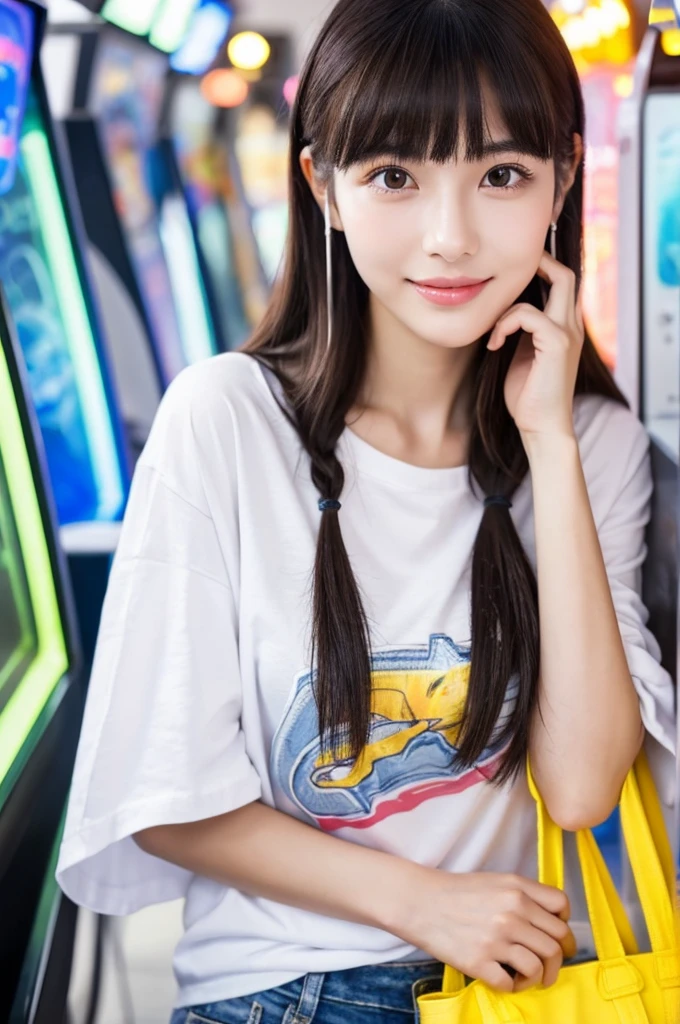 Game center, professional gamer, ((full body)), ((photo)), ((best qualtiy, 8K, tmasterpiece: 1.3)), Focus: 1.2, perfect figure beautiful girl: 1.4, 1girl, cowboy shot, look at viewer, eyes facing the camera, incredibly absurd, beautiful and cute girl with a photorealistic face, showcasing top-quality craftsmanship, A Japanese girl playing games at an arcade, 17 years old, with a bob cut, silky black hair, bangs cut at an angle to reveal her right eye, large eyes, a soft smile, tanned skin, thin and well-formed eyebrows, straight nose with a rounded tip, thin lips but a healthy, natural pink colour, small ears with pierced ears, a slender neck with a sharp jawline, a small face with well-formed facial features, fair, fine, translucent skin, long eyelashes that make the eye makeup stand out, eyes that are powerful but also kind, Well-aligned, white teeth, healthy, shiny skin and hair, friendly expression, , slender, well-balanced proportions, good posture, beautiful C-cup breasts, white character T-shirt, blue denim jacket, yellow shorts, white sneakers, silver earrings, tote bag with game character illustration printed on it, beautiful girl, moe, devilish type, sociable and easy to talk to, values ​​teamwork, curious and adventurous, has a sense of humor, July