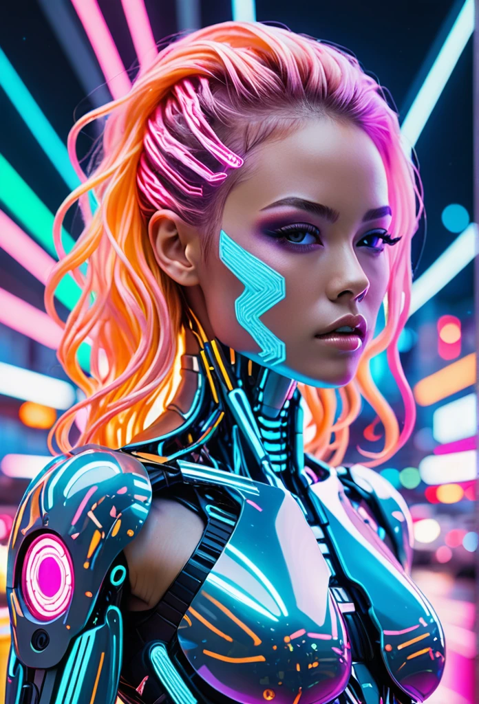 cybernetic style Ultimate fusion of technology and allure, Cosmic Cyber Warrior. Embodying the creative genius of Jovana Rikalo, Brandon Woelfel, and Ross Tran, spectacular cosmic landscapes fraught with otherworldly conflict. Shimmering cables course beneath her translucent epidermis, connecting to powerful vertebrae that support a resplendent skull adorned with cascading neon undercut locks. Mysterious constellations twinkle ominously overhead, casting eerie shadows on the ground below. This masterpiece encapsulates the quintessential essence of science fiction, presenting a highly detailed exploration of extraterrestrial themes guaranteed to captivate audiences worldwide. . futuristic, technological, cybernetic enhancements, robotics, artificial intelligence themes