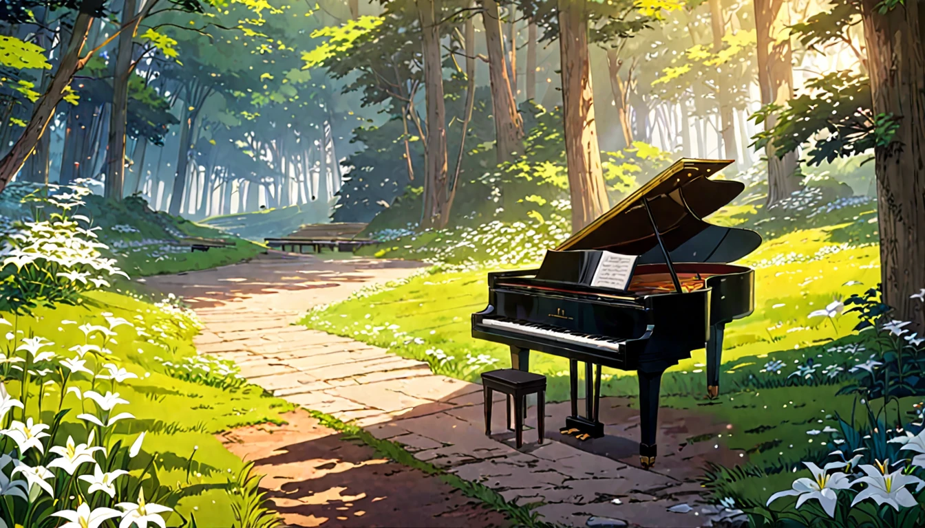 There is a piano on the forest path, Anime Background art, Beautiful peaceful scene in anime, Anime Art Wallpapers 8K, Background artwork, Anime Rush John 8k Woods, Relaxing concept art, anime nature wallpapers, anime art wallpaper 4k, anime art wallpaper 4k, arte koto no ha no niwa, Beautiful anime scenery, Anime Background、White lily flower