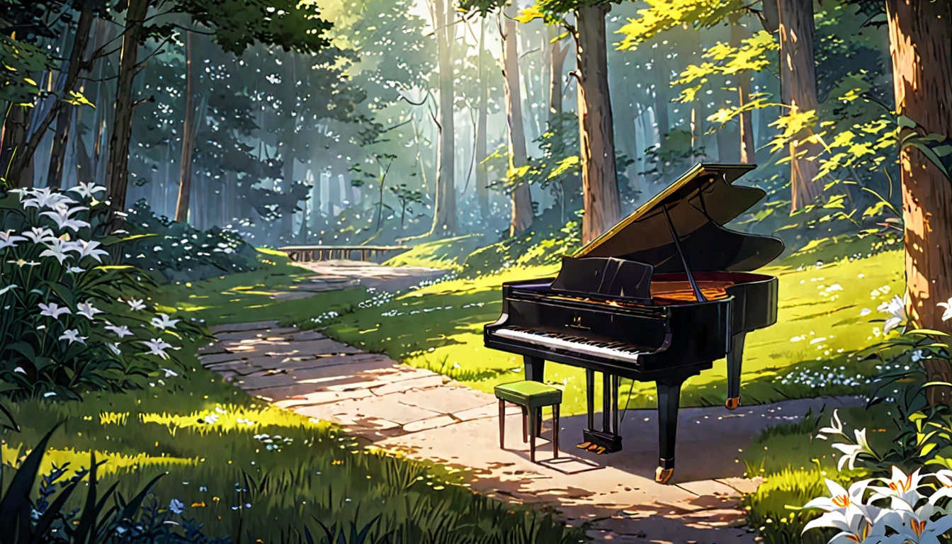 There is a piano on the forest path, Anime Background art, Beautiful peaceful scene in anime, Anime Art Wallpapers 8K, Background artwork, Anime Rush John 8k Woods, Relaxing concept art, anime nature wallpapers, anime art wallpaper 4k, anime art wallpaper 4k, arte koto no ha no niwa, Beautiful anime scenery, Anime Background、White lily flower