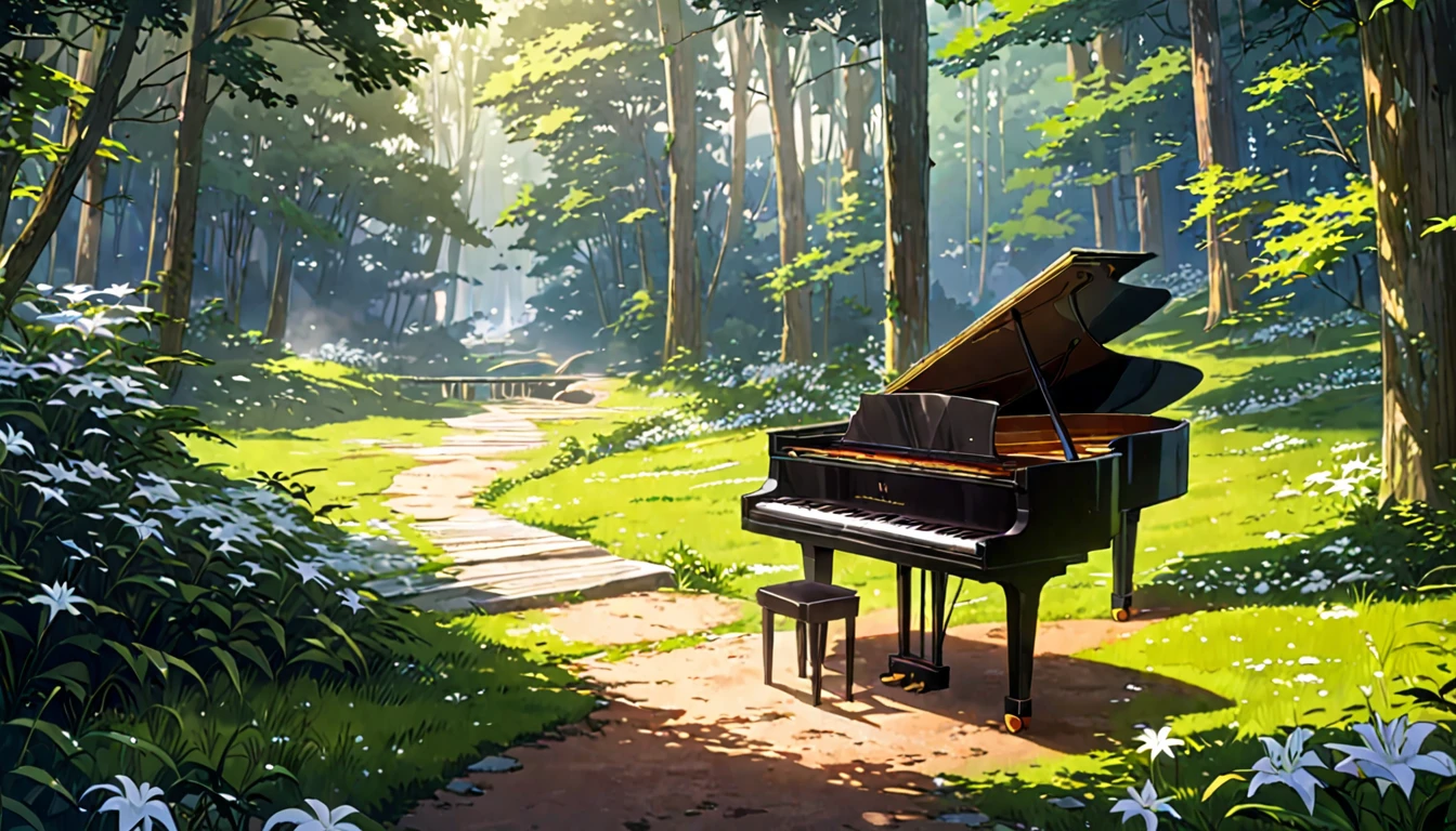 There is a piano on the forest path, Anime Background art, Beautiful peaceful scene in anime, Anime Art Wallpapers 8K, Background artwork, Anime Rush John 8k Woods, Relaxing concept art, anime nature wallpapers, anime art wallpaper 4k, anime art wallpaper 4k, arte koto no ha no niwa, Beautiful anime scenery, Anime Background、White lily flower