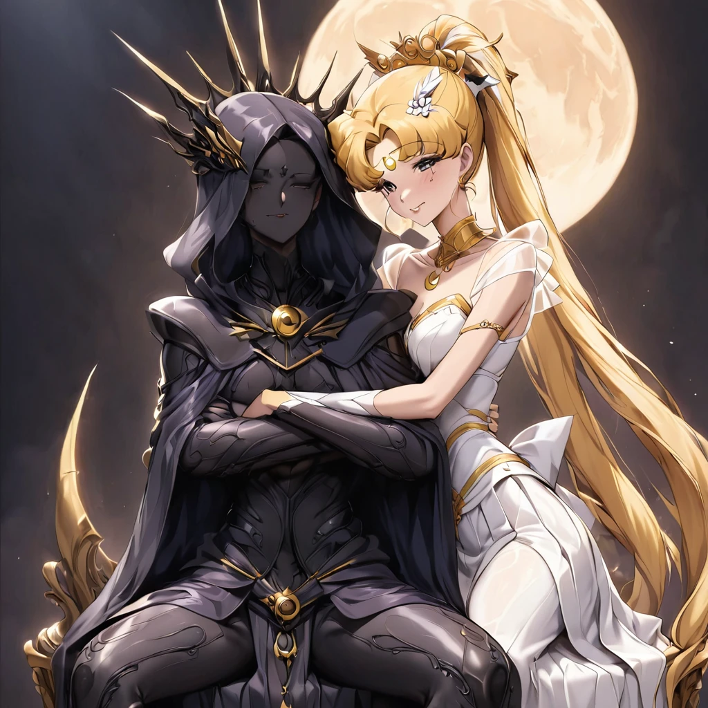 ((Highest quality)), ((masterpiece)), (detailed), (Perfect Face)、Black moon mark on forehead、The woman is Black Serenity, the noble dark queen of the Black Moon clan and has blonde hair.2The woman, Princess Serenity, has long hair tied up in a ponytail and is sitting on a large throne, hugging and kissing the majestic and powerful Dark Moon King.、The woman has a black inverted crescent moon mark on her forehead, a gorgeous and glittering black gothic Victorian dress, a black veil and a black see-through cape, and is wearing luxurious jeweled accessories. She is the Queen of Darkness, the jet-black Princess Serenity, looking at the camera with a happy expression, and has the expression of a maiden in love.、The man is a majestic and powerful dark king embracing and kissing a woman.