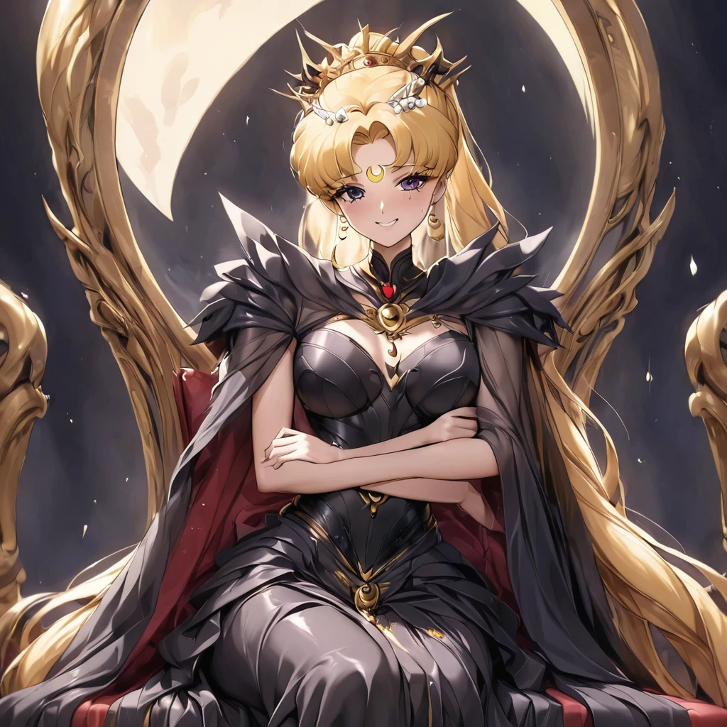 ((Highest quality)), ((masterpiece)), (detailed), （Perfect Face）、Black moon mark on forehead、The woman is Black Serenity, the noble dark queen of the Black Moon clan and has blonde hair.２The woman, Princess Serenity, has long hair tied up in a ponytail and is sitting on a large throne, hugging and kissing the majestic and powerful Dark Moon King.、The woman has a black inverted crescent moon mark on her forehead, a gorgeous and glittering black gothic Victorian dress, a black veil and a black see-through cape, and is wearing luxurious jeweled accessories. She is the Queen of Darkness, the jet-black Princess Serenity, looking at the camera with a happy expression, and has the expression of a maiden in love.、The man is a majestic and powerful dark king embracing and kissing a woman.