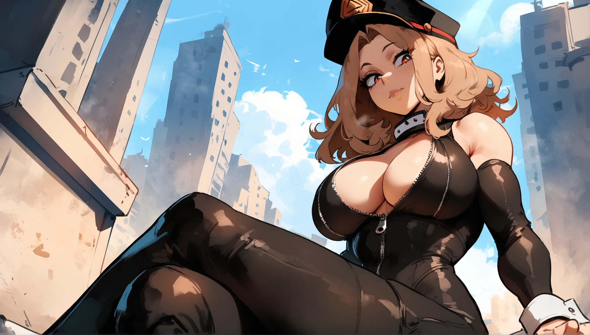 1girl, utsushimi kemii, boku no hero academia \\\\\ masterpiece, best quality, very aesthetic, absurdres, newest \\\\\\ slim body,///// by dodok,by nyantcha,cutesexyrobutts , by khyle,,//////light brown hair  , cap,  black catsuit .  , dark brown eyes, zipper running down the middle, left slightly down to reveal her cleavage, sitting, crossed legs,big tits, city,  She wears white cuffs around her wrists , day,sky, 

