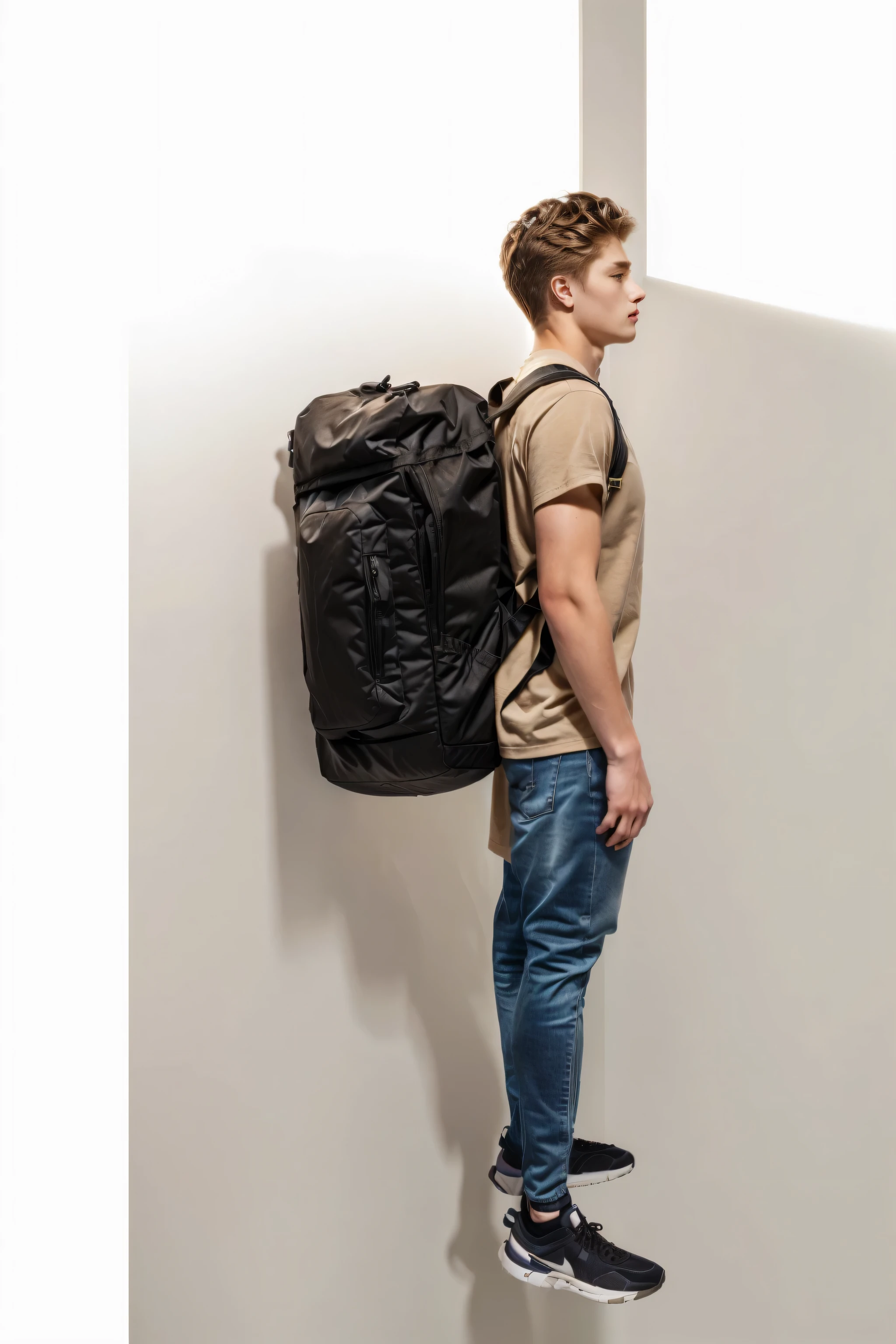 An 18-year-old，Swedish man，Young man full of masculinity,Muscular man side profile，whole body，（Light gray top：1.37），（jeans：1.37），Black sneakers，Golden brown hair , Light brown eyes, masculinity，A Swedish man carrying a backpack stands there，Carrying a backpack, Full length view, Carrying a big bag, Full Height View, Distant whole body view,  whole body wide angle lens, （Studio white background：1.37）