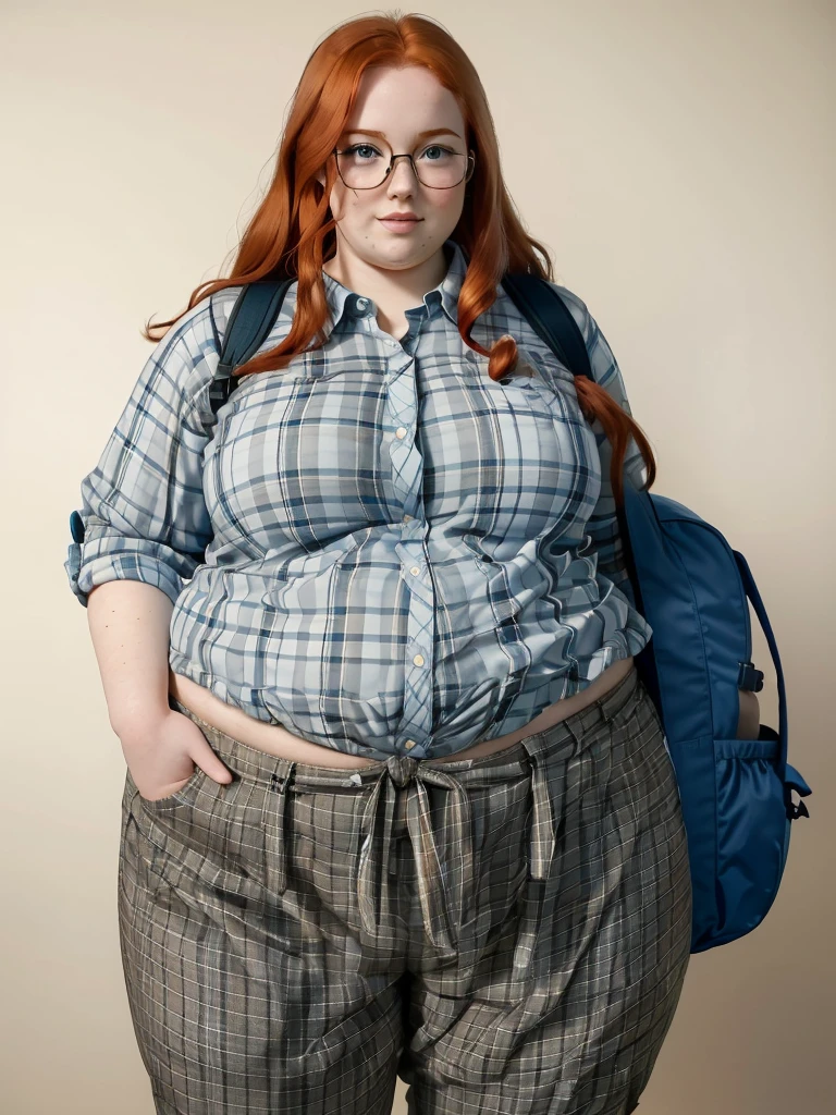 A peaceful photo of a young cute nerdy redhead bbw student with glasses with long wavy ginger hair soft fat belly, wide fat obese hips, thick fat legs and fat arms, cute pretty face, small breasts, blue eyes, freckles, in long plaid shirt tucked in her simple trousers, and trousers, wearing a backpack in front of a school