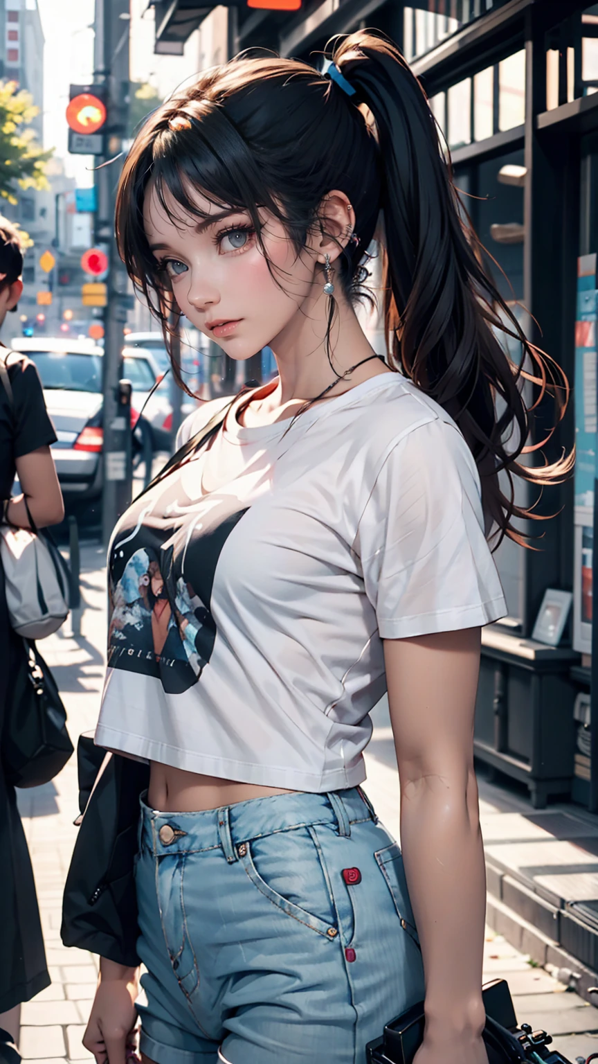 18-year-old female、Twin tails、Hot pants on a t-shirt、A cute age girl's room、Playing electric guitar、Headphones are hanging around your neck、Medium chest、Long legs、
