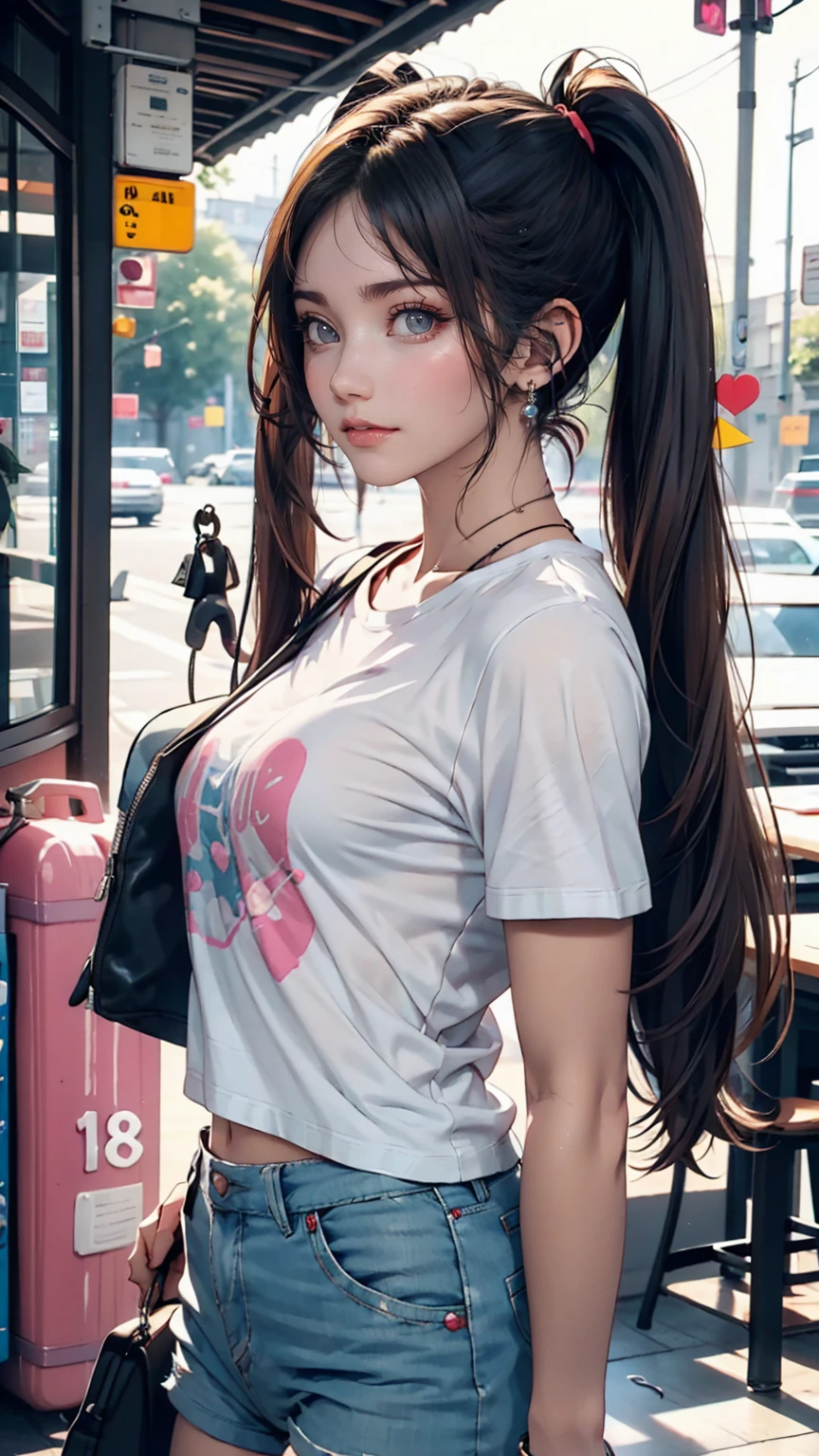 18-year-old female、Twin tails、Hot pants on a t-shirt、A cute age girl's room、Playing electric guitar、Headphones are hanging around your neck、Medium chest、Long legs、