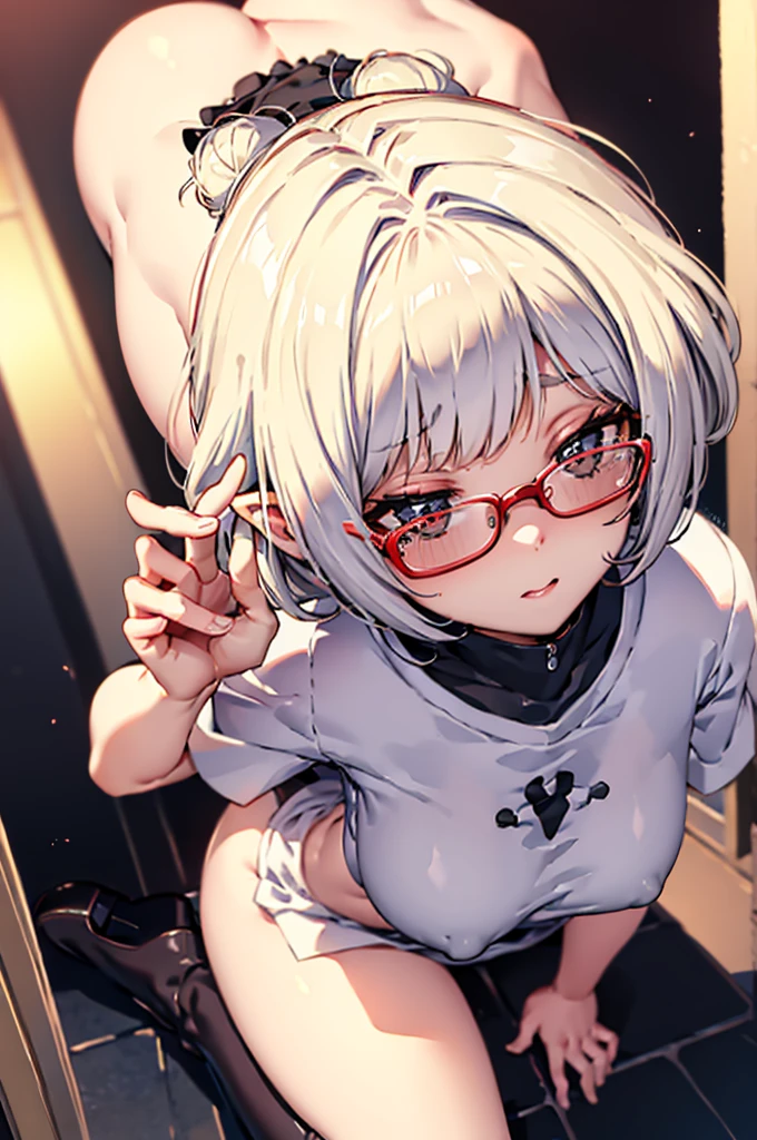 1 adult anime girl, hair color - white, hairstyle - bob, elven ears, stern eyes, eye color - red, glasses, embarrassed look, closed full mouth, face covered in sperm, bare breasts, T-shirt raised, white T-shirt, bulging breasts, miniskirt lifted, panties visible, tight panties, protruding vagina, stockings, high black heels, rich colors, studio light, natural light, lots of detail, high quality image, detailed eyes, random pose