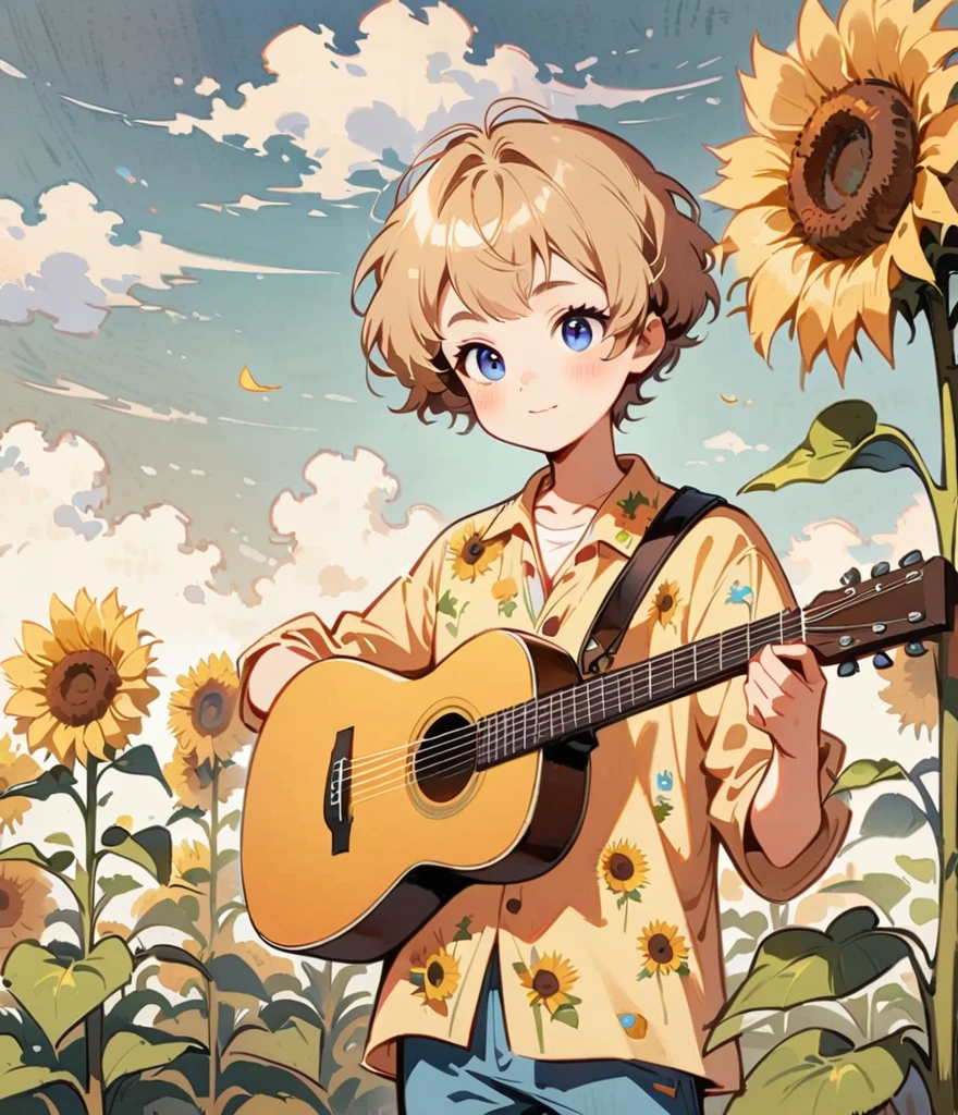 Playing Acoustic Guitar、One man with a sharp face、Sunflowers blooming in the background、Sunflower field, Cartoon style character design, alone,Floral Shirt,interesting,interesting,Clean Lines