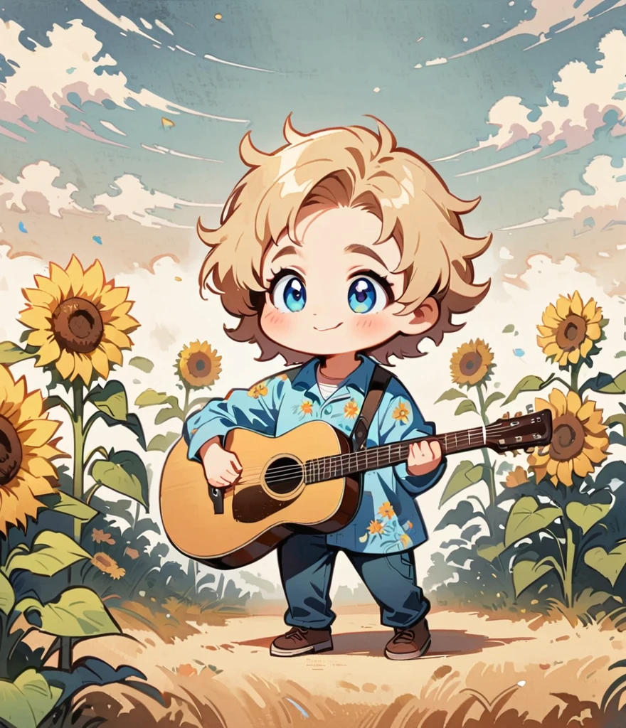 Playing Acoustic Guitar、One man with a sharp face、Sunflowers blooming in the background、Sunflower field, Cartoon style character design， alone，Floral Shirt，interesting，interesting，Clean Lines