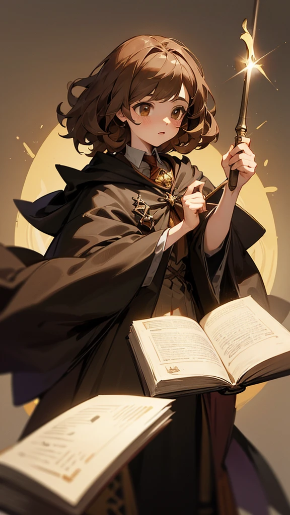 Create an image of Hermione Granger from the Harry Potter series.

Description:

A young girl with bushy brown hair.
Wearing a  with a black robe.
Holding a book or a wand.
Background: A magical setting, such as a castle or library.