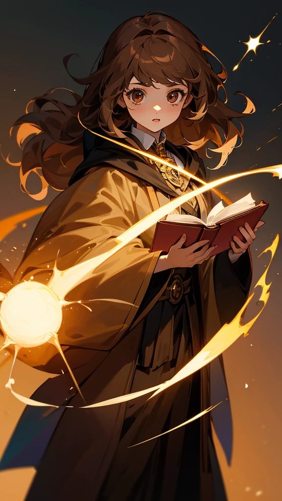 Create an image of Hermione Granger from the Harry Potter series.

Description:

A young girl with bushy brown hair.
Wearing a  with a black robe.
Holding a book or a wand.
Background: A magical setting, such as a castle or library.