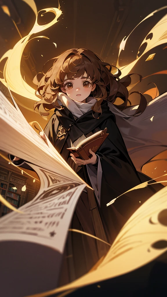 Create an image of Hermione Granger from the Harry Potter series.

Description:

A young girl with bushy brown hair.
Wearing a  with a black robe.
Holding a book or a wand.
Background: A magical setting, such as a castle or library.