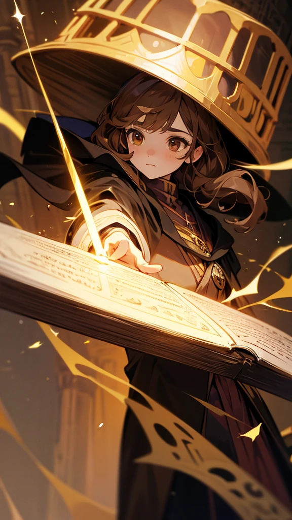 Create an image of Hermione Granger from the Harry Potter series.
Description:
A young girl with bushy brown hair.
Wearing a with a black robe.
Holding a book or a wand.
Background: A magical setting, such as a castle or library.