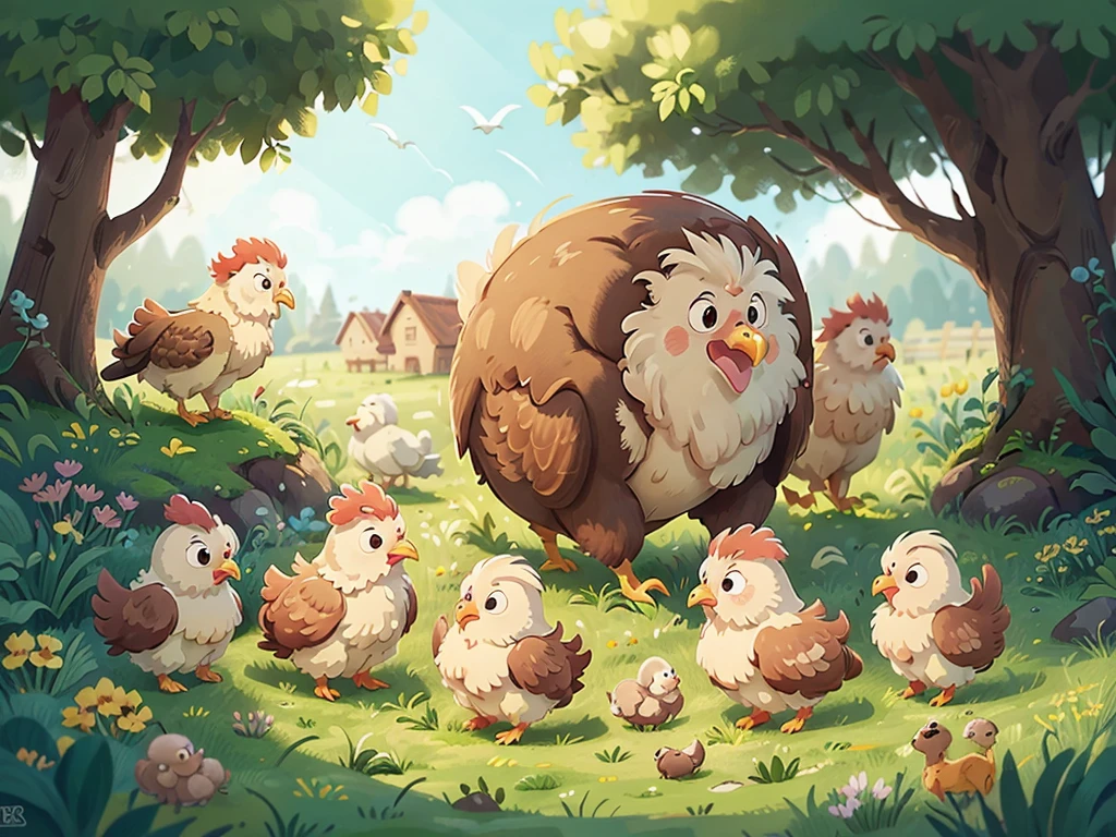
cartoon，Gallus gallus domesticus，Gallus gallus domesticus，Children's Illustrations，A mother hen with her chicks，Grassland，within the enclosure，cute