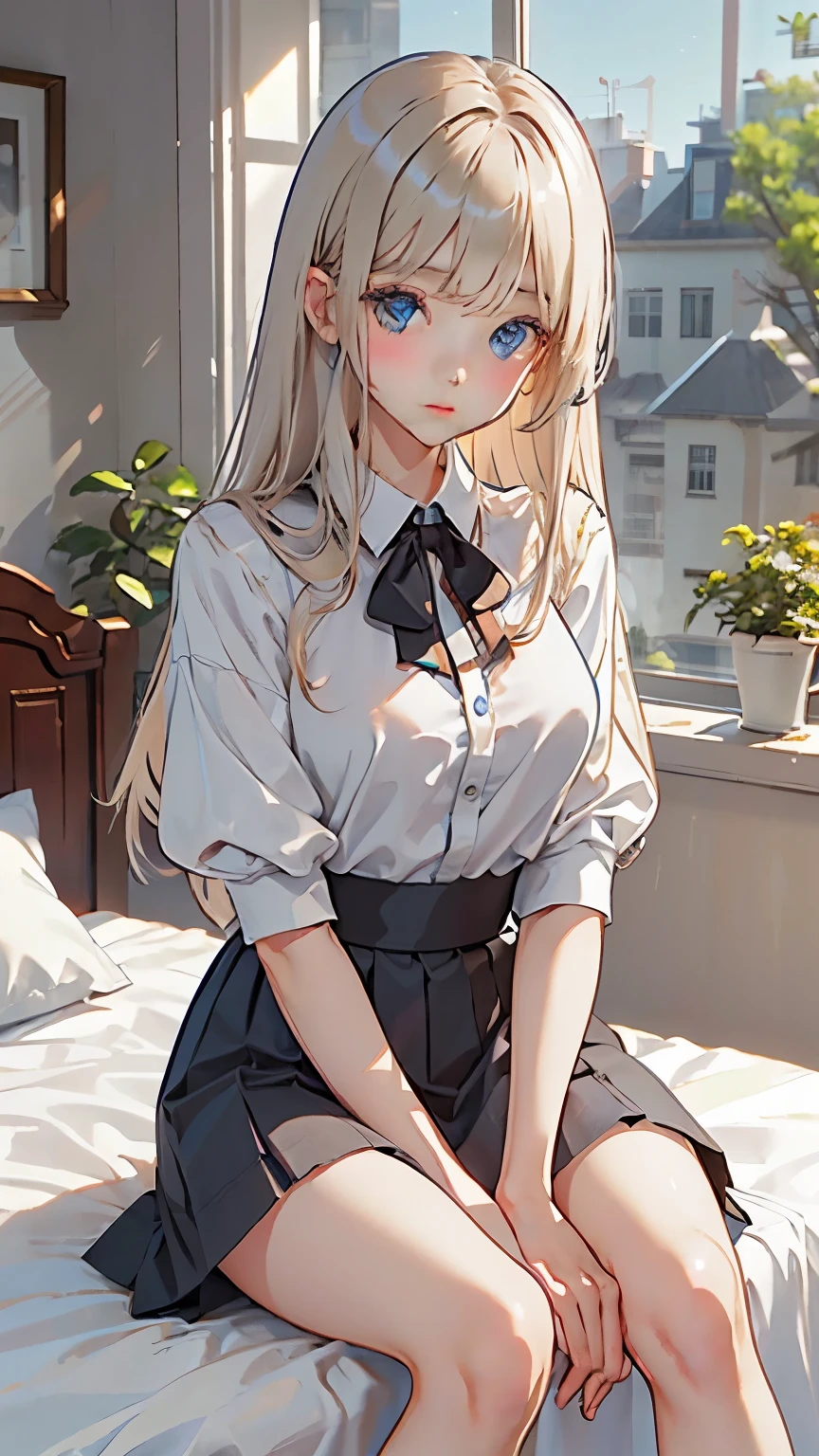 master piece , best quality , detailed , blouse , skirt , sitting , (from front) , bed room , indoor, Shiny platinum blonde silk super long straight hair, beautiful shiny bangs, big clear sky blue eyes, very beautiful bright eye highlights, Embarrassing, Blushing