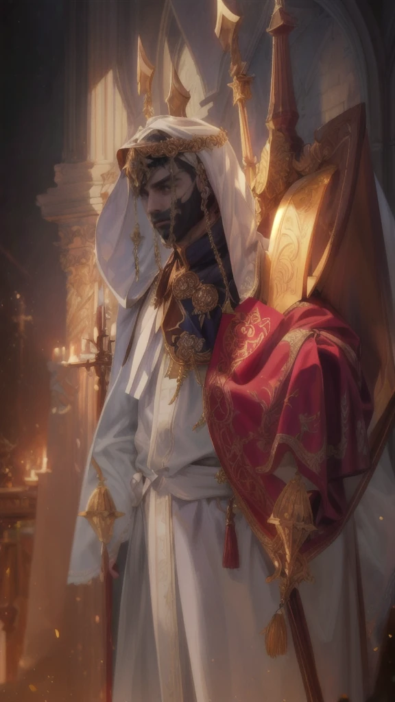 (Absurdres, Intricate Details, Masterpiece, Best Quality, High Resolution, 8k), 1 male, thin, young, aged up, masked, finely detailed eyes and face, auburn low-fade hair, amber eyes, portrait, looking at viewer, solo, half shot, detailed background, (light fantasy theme:1.1), focusing, mercenary, sunshine, floating scraps, color plate armor, divine aura, bright realistic lighting, marble castle, intense atmosphere, circlet, coat of arms, brazier, , Depth of Field, VFX.