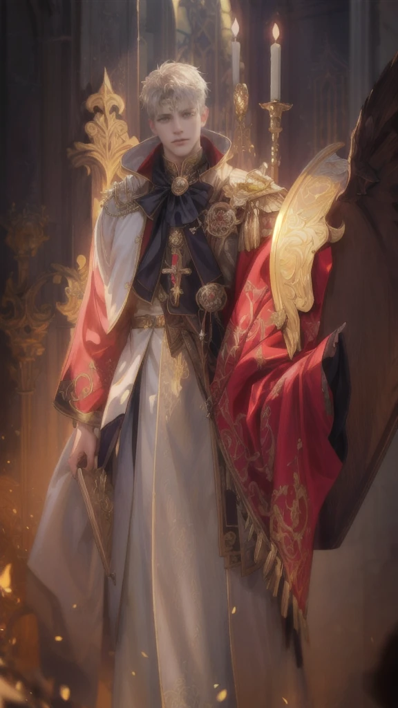 (Absurdres, Intricate Details, Masterpiece, Best Quality, High Resolution, 8k), 1 male, thin, young, aged up, masked, finely detailed eyes and face, auburn low-fade hair, amber eyes, portrait, looking at viewer, solo, half shot, detailed background, (light fantasy theme:1.1), focusing, mercenary, sunshine, floating scraps, color plate armor, divine aura, bright realistic lighting, marble castle, intense atmosphere, circlet, coat of arms, brazier, , Depth of Field, VFX.