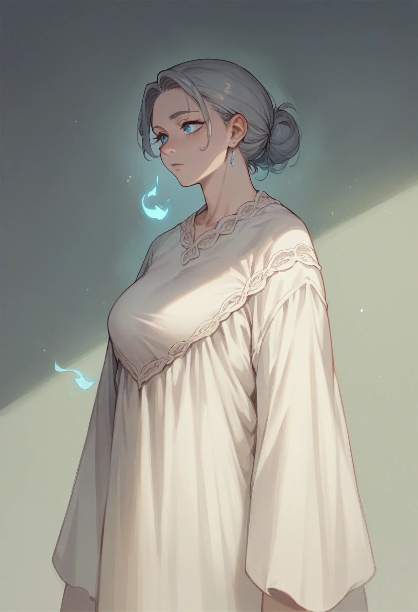 Girl with grey hairs , blue eyes tall height big , mature aura, age about 21 years