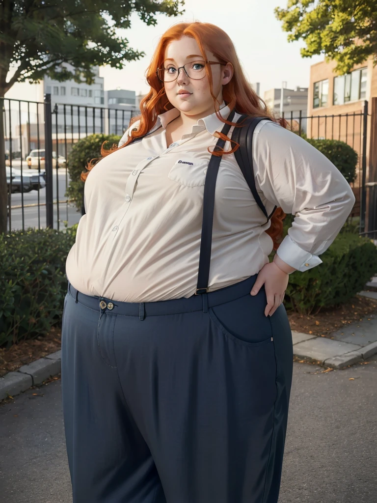 A peaceful photo of a young cute nerdy redhead bbw student with glasses with long wavy ginger hair soft fat belly, wide fat obese hips, thick fat legs and fat arms, cute pretty face, small breasts, blue eyes, freckles, in long shirt tucked in her simple trousers, and trousers, wearing a backpack in front of a school