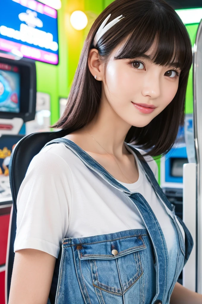 Game center, professional gamer, ((full body)), ((photo)), ((best qualtiy, 8K, tmasterpiece: 1.3)), Focus: 1.2, perfect figure beautiful girl: 1.4, 1girl, cowboy shot, look at viewer, eyes facing the camera, incredibly absurd, beautiful and cute girl with a photorealistic face, showcasing top-quality craftsmanship, A Japanese girl playing games at an arcade, 17 years old, with a bob cut, silky black hair, bangs cut at an angle to reveal her right eye, large eyes, a soft smile, tanned skin, thin and well-formed eyebrows, straight nose with a rounded tip, thin lips but a healthy, natural pink colour, small ears with pierced ears, a slender neck with a sharp jawline, a small face with well-formed facial features, fair, fine, translucent skin, long eyelashes that make the eye makeup stand out, eyes that are powerful but also kind, Well-aligned, white teeth, healthy, shiny skin and hair, friendly expression, , slender, well-balanced proportions, good posture, beautiful C-cup breasts, white character T-shirt, blue denim jacket, yellow shorts, white sneakers, silver earrings, tote bag with game character illustration printed on it, beautiful girl, moe, devilish type, sociable and easy to talk to, values ​​teamwork, curious and adventurous, has a sense of humor, July