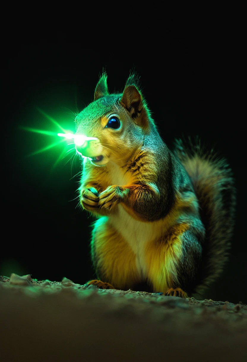 a buff and tattooed squirrel at night , night-vision googles, green glowing glasses, tactical espionage, sneaky,