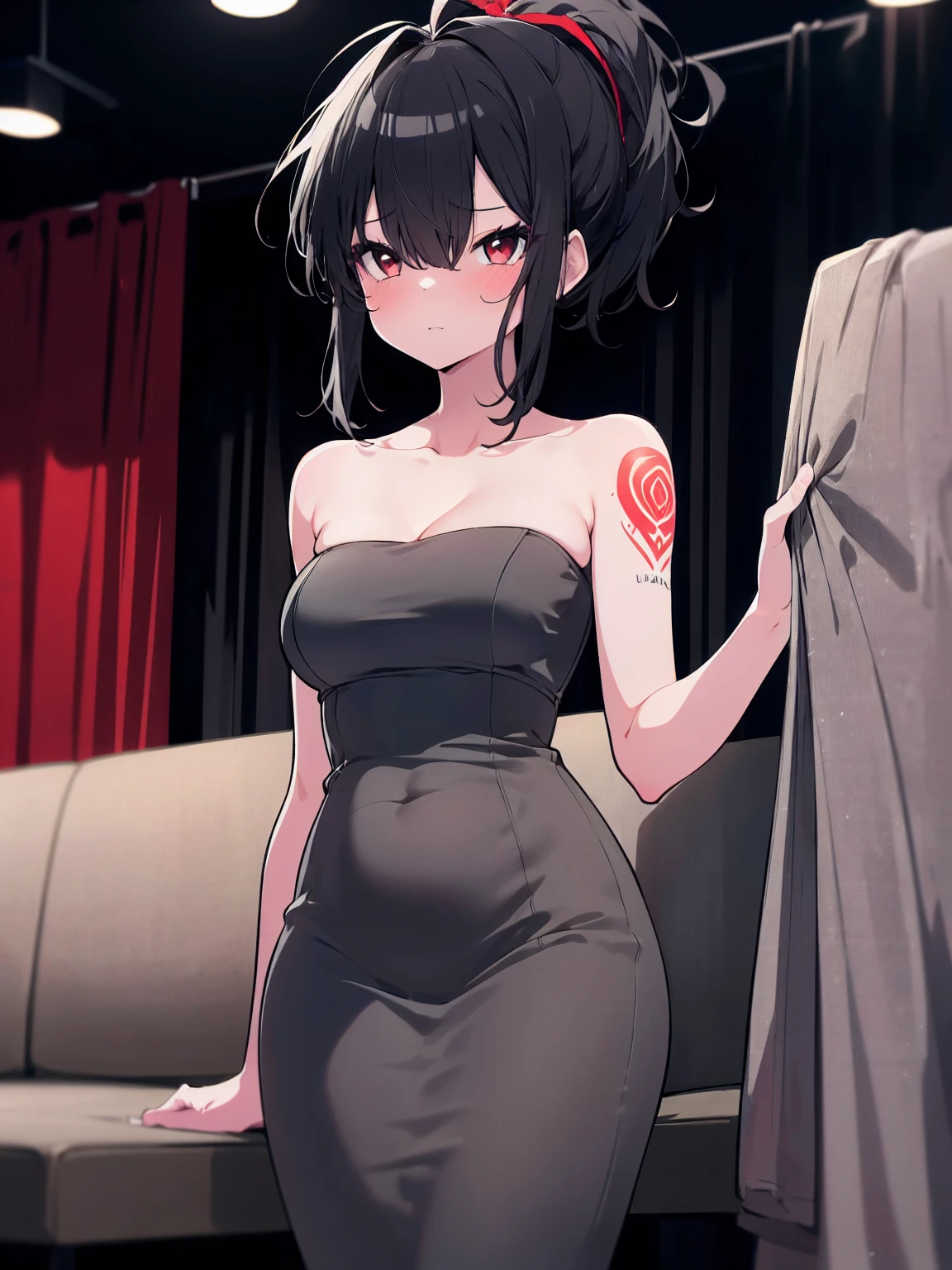 (ultra-high resolution, depth of field:1.2), solo, 1woman, milf, plump, (black hair), short messy hair, ponytail, red eyes, (medium breasts), wide hips, (tight dress), (gray dress:1.4), strapless, black arm tattoo, squinting, serious, looking at the viewer, living room scenery, dimly lit