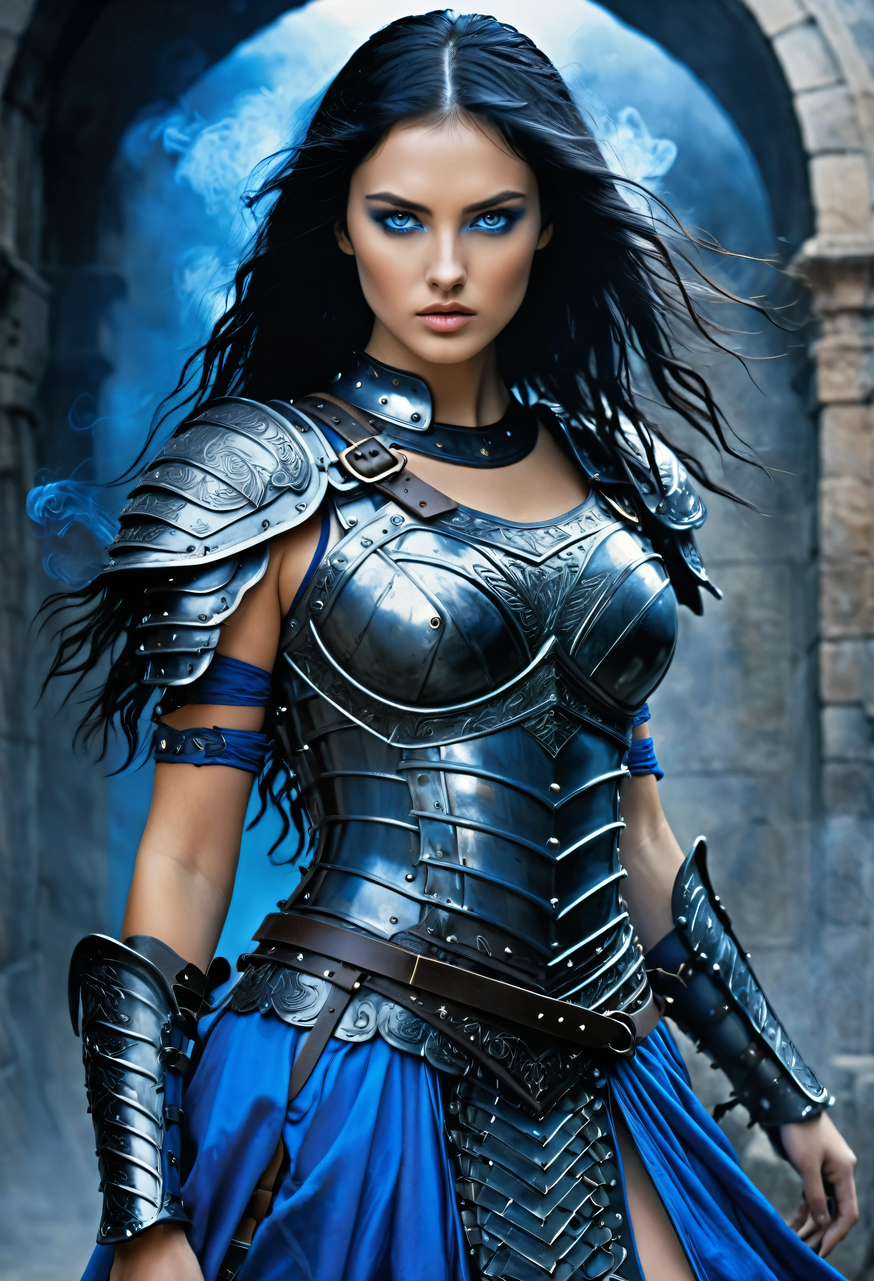 albrecht durer meets Luis Royo-inspired style, visualize a (((petite female gladiator))) with a (((petite body))), (((very long, messy, black hair))), (((dark, mysterious, blue eyes))), dressed in a (((vivid, legendary, 16K, hyper-detail sexy body armor dress))), embodying a (((fantastic, full-body aesthetic))) against a backdrop of (((swirling, hyper-detailed smoke))).
