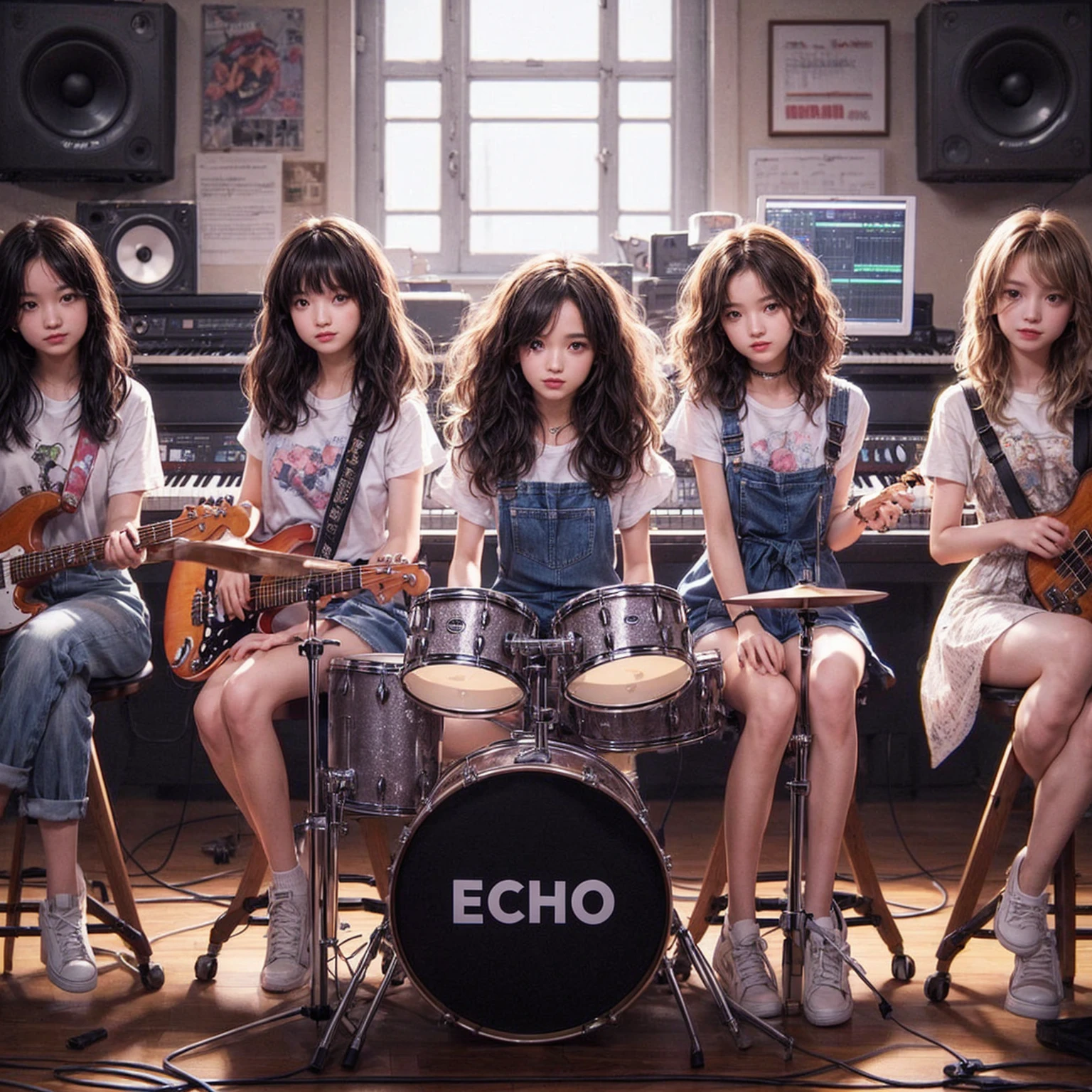 **Photo of 5 beautiful girls sitting in chairs lined up from right to left:**
- **3 girls with messy hair style**
- **2 girls with wavy bob hair style**
They are wearing jumpsuits. One girl is playing the drums, one girl is playing the piano, one girl is playing the bass guitar, one girl is playing the guitar, and one girl is singing. They are sitting behind a board with the word "ECHO" written on it. The background is a music studio, complete with drums, guitars, bass guitar, and piano. The image is ultra HD, 4k, and realistic, with an aspect ratio of 4:3.