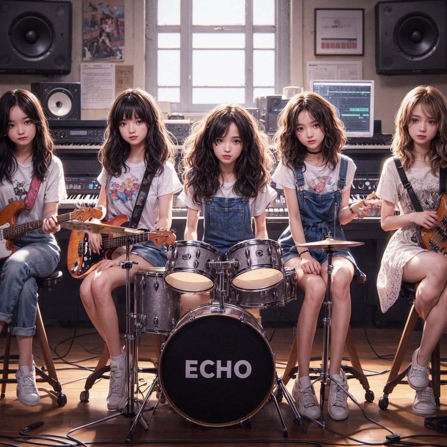 **Photo of 5 beautiful girls sitting in chairs lined up from right to left:**
- **3 girls with messy hair style**
- **2 girls with wavy bob hair style**
They are wearing jumpsuits. One girl is playing the drums, one girl is playing the piano, one girl is playing the bass guitar, one girl is playing the guitar, and one girl is singing. They are sitting behind a board with the word "ECHO" written on it. The background is a music studio, complete with drums, guitars, bass guitar, and piano. The image is ultra HD, 4k, and realistic, with an aspect ratio of 4:3.