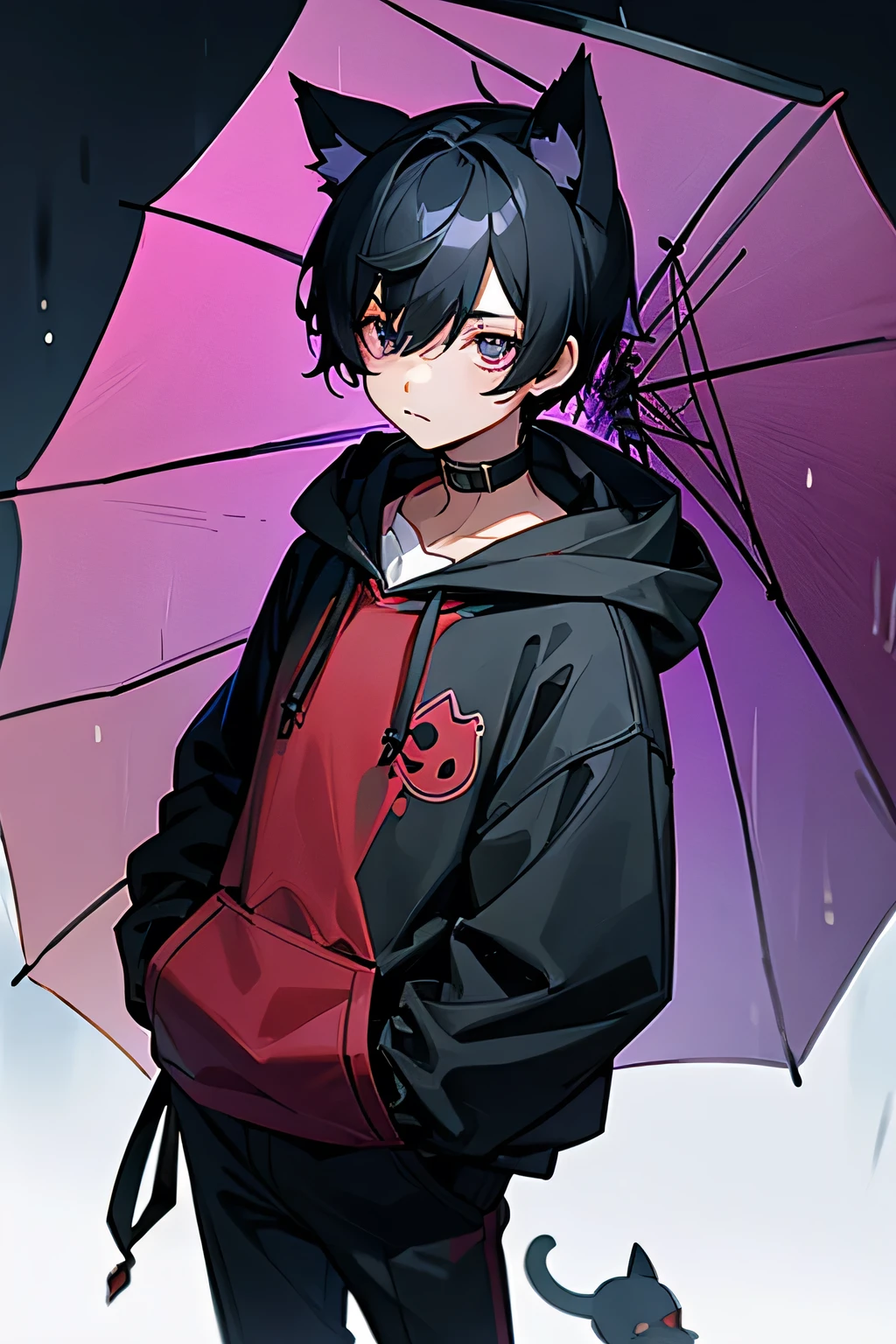 juvenile、boy、Black Hair、Cat ear、hoodie、Eyes purple、No ears、Red collar、Hair is a little longer、Close-up、rain、standing alone、Peek into、lens、Holding an umbrella、Alley
