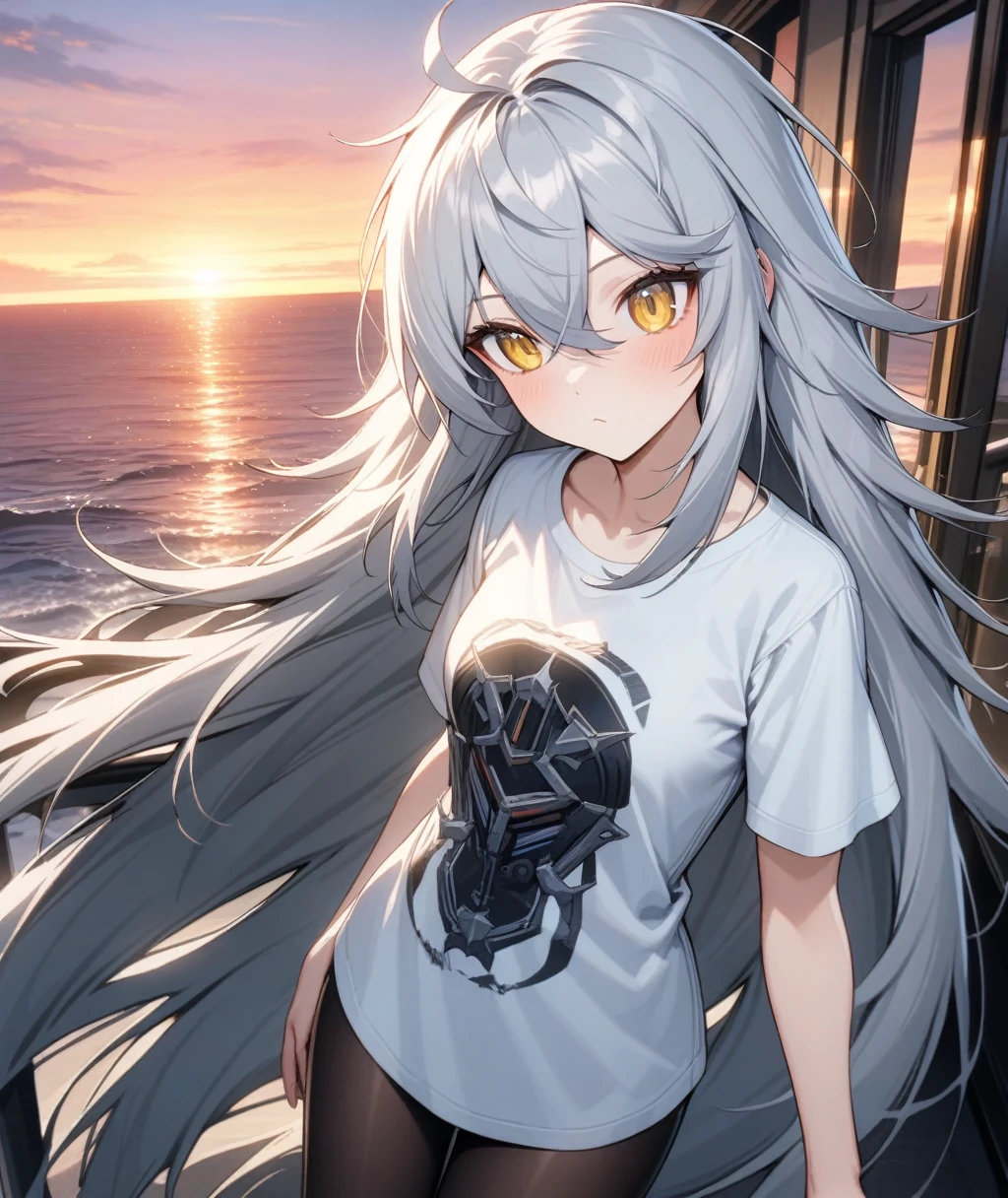 One girl, gown \(counter:~ side\),  counter:~ side, 
alone, Movie angle, 
Yellow Eyes, Gray Hair, Very long hair, Messy Hair, Hair between the eyes,  
White shirt, T-Shirts,  Black Pantyhose, handrail, sunset, Ocean, Tilt, 
masterpiece, Highest quality, so beautiful, Absurd,
 
