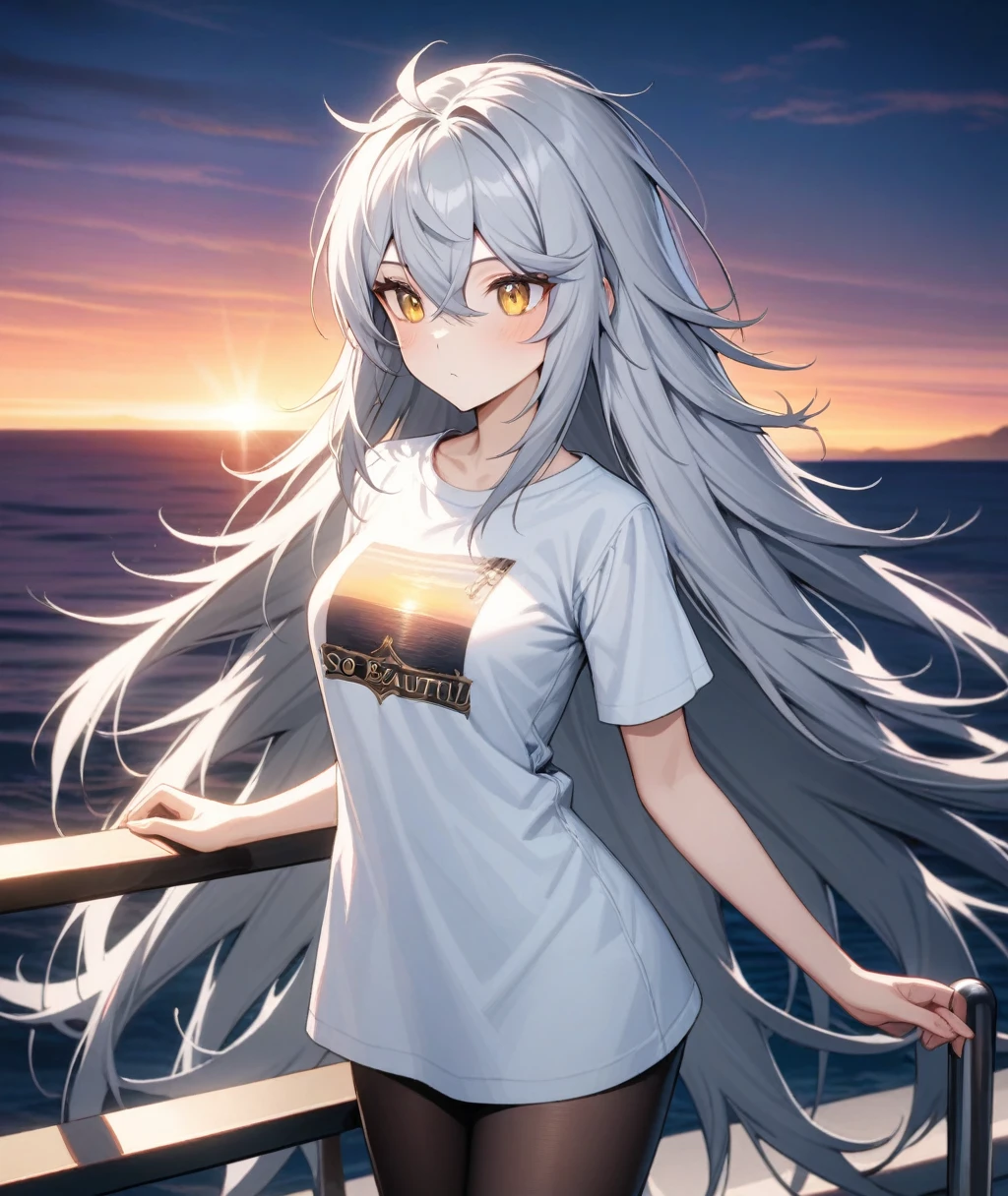 One girl, gown \(counter:~ side\), counter:~ side,
alone, Movie angle,
Yellow Eyes, Gray Hair, Very long hair, Messy Hair, Hair between the eyes,
White shirt, T-Shirts, Black Pantyhose, handrail, sunset, Ocean, Tilt,
masterpiece, Highest quality, so beautiful, Absurd,