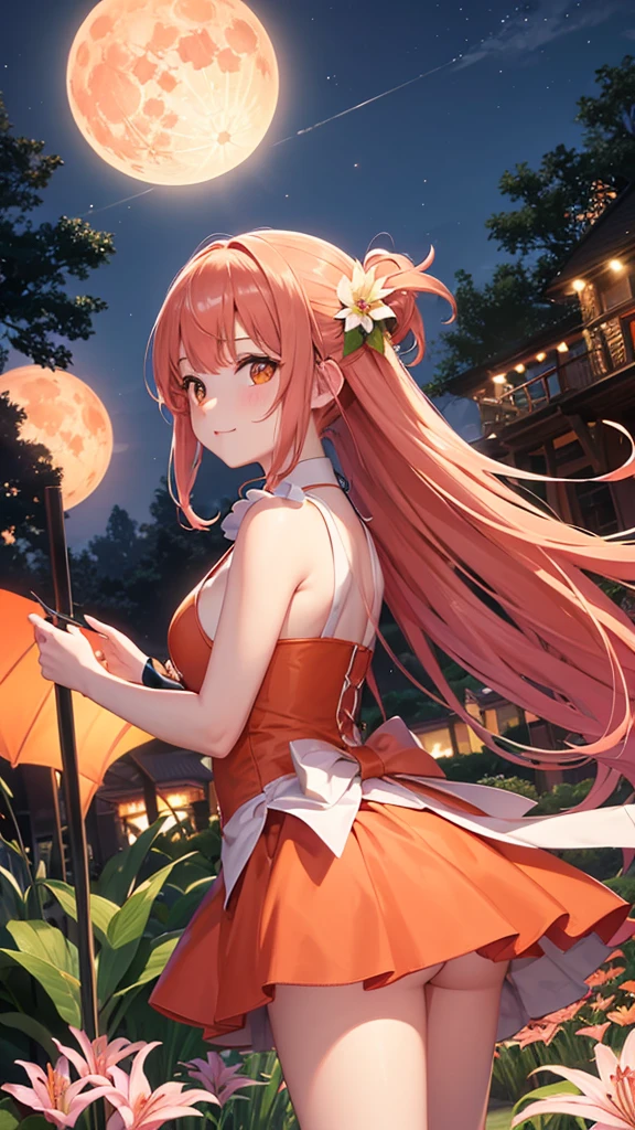 super high quality, Postcard, orange, pink and white lily, Night view in the background, Big Moon, performer