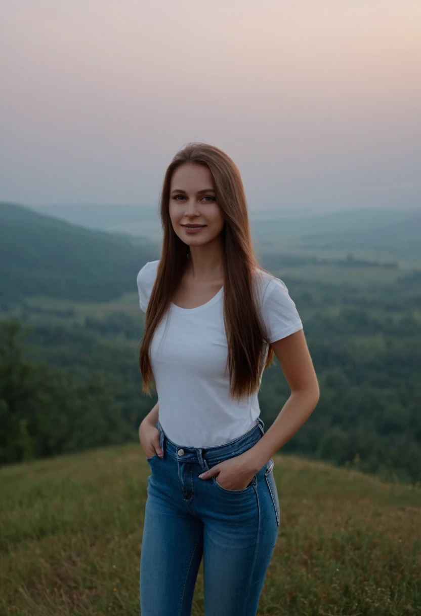 Beautiful Slavic woman, extra very long hair, pale skin, Plain white t-shirt and jeans, stands on a hill, Landscape on the background of fog in the mountains, indigo, Sundown, photo, ssmile, body complet, sharp-focus, dynamic sexy pose, Helios 44-2, swirling bokeh, sharp-focus, Complicated details, higly detailed, sharpness, Character portrait, perfect  lighting, tmasterpiece, Detailed background, Movie Lighting, 8K